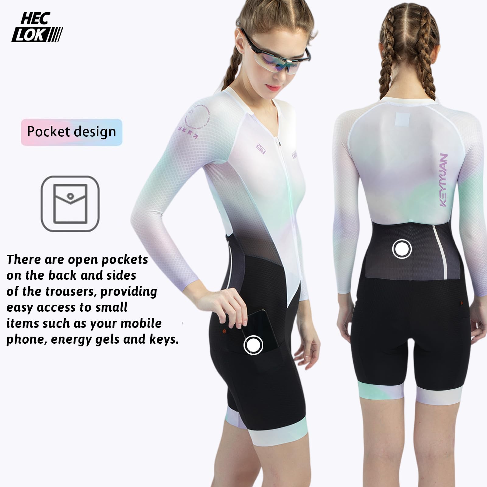 Damen Radsport Einteiler Triathlonanzug mit hochdichter Sitzpolsterung, Aero Cycling Skinsuit, atmungsaktiv schnelltrocknend UV-Schutz, geeignet für Rennradfahren Triathlon