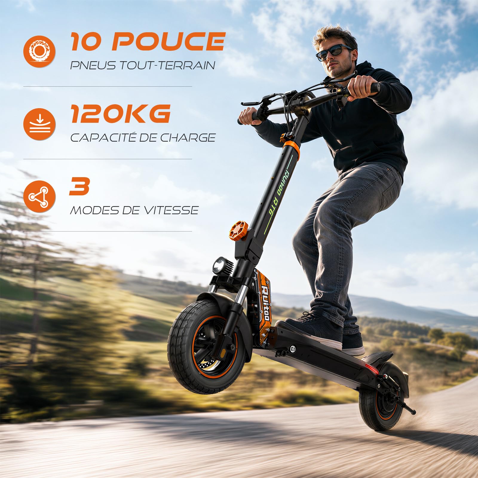 RT6 Trottinette Électrique pour Adulte, Batterie 48V 15.6Ah, Autonomie Max 50-55KM, Pneus Tout-Terrain 10 Pouces, 3 Mode de Vitesse, Affichage Intelligent, Facile à Plier