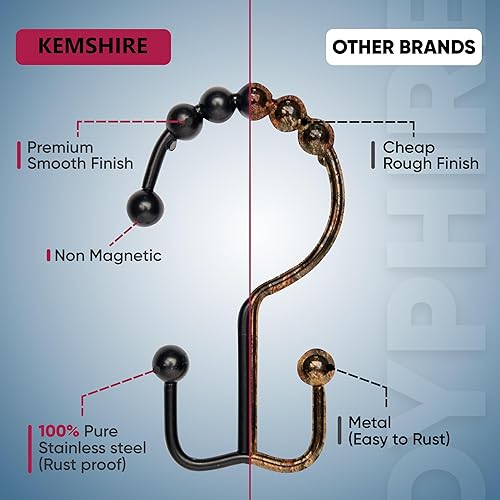 Shower Curtain Hooks Rust Proof (Set of 12) - Stainless Steel Shower Curtain Rings - Anti Slip Roller Balls for Easy Glide (Secure Lock Hooks, Polished Nickel)(Double Anchor Hooks,Matte Black)