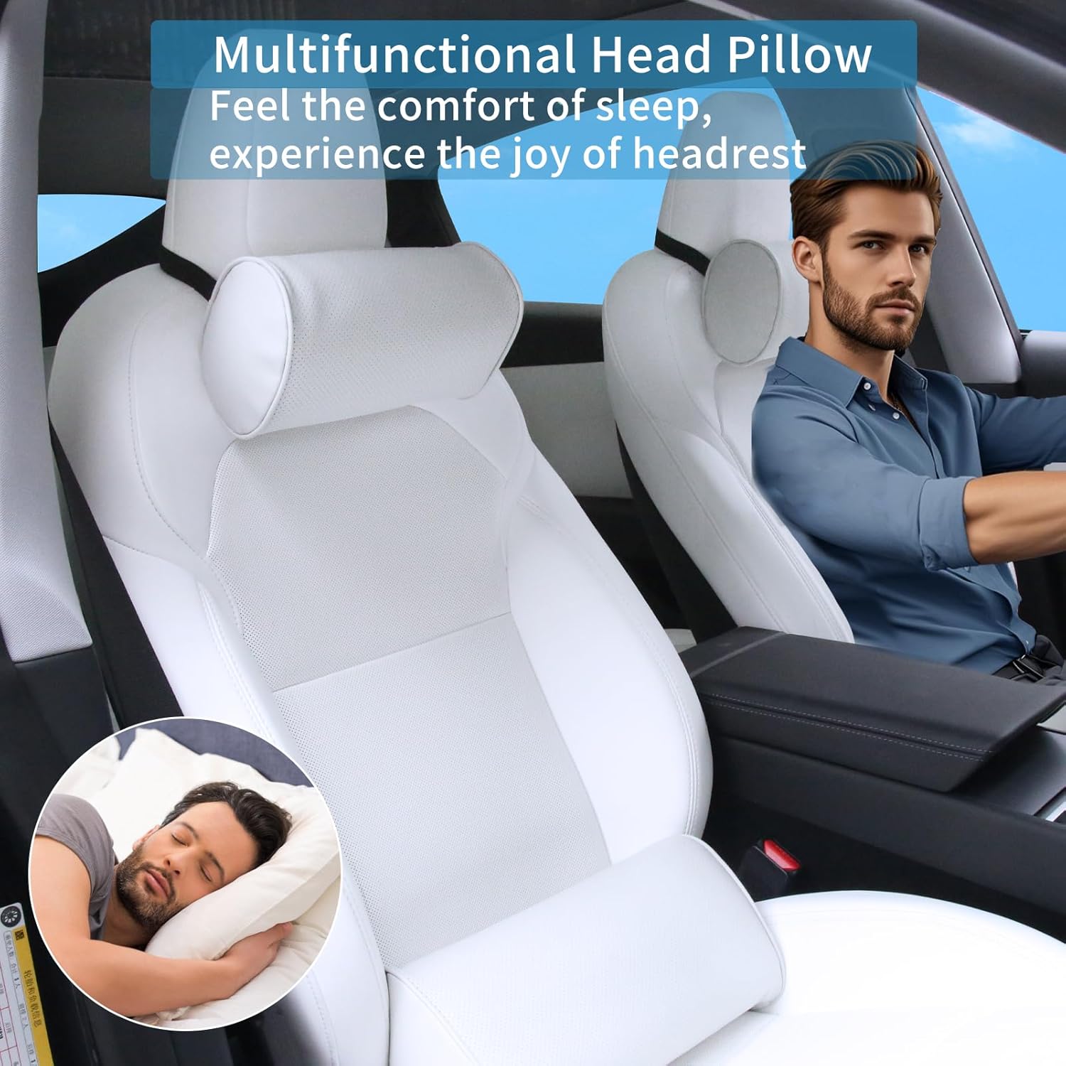 Car Headrest Pillow for Driving - Luxury Leather 100% Memory Foam, Ergonomic Neck Support - Universal Fit Head Rest Travel Pillow for Most Cars, Home & Office, White, 2 Pack - Image 8