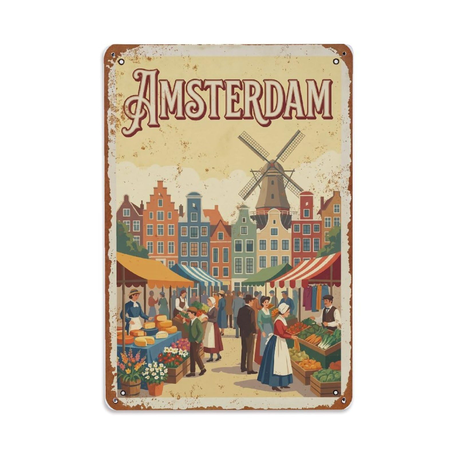 Vintage Travel Marketplace Netherlands Bustling Metal Tin Sign Plaque Wall Decor for Cafe, Club Bar, Office, Home Garden Metal Poster 8x12Inch