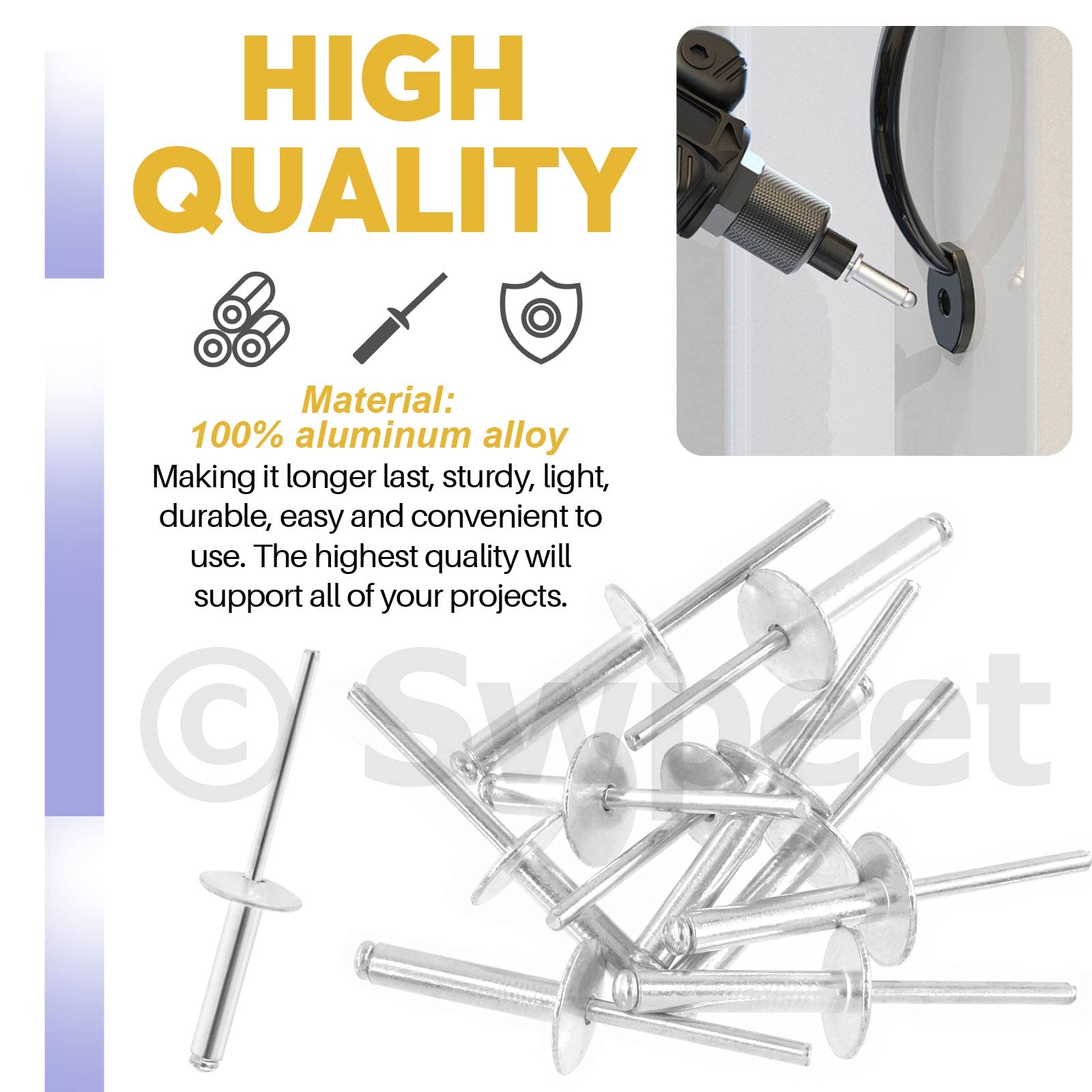 Swpeet 240Pcs 3/16" x 3/8" / 1/2" / 5/8"/ 3/4"/ 1" Large Flange Aluminum Blind Rivets Kit - Image 3
