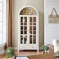 RowyPoey Farmhouse Arched Display Cabinet with Glass Doors, Drawer & Adjustable Shelves - 71" Tall Antique White Bookshelf for Kitchen Pantry Living Room