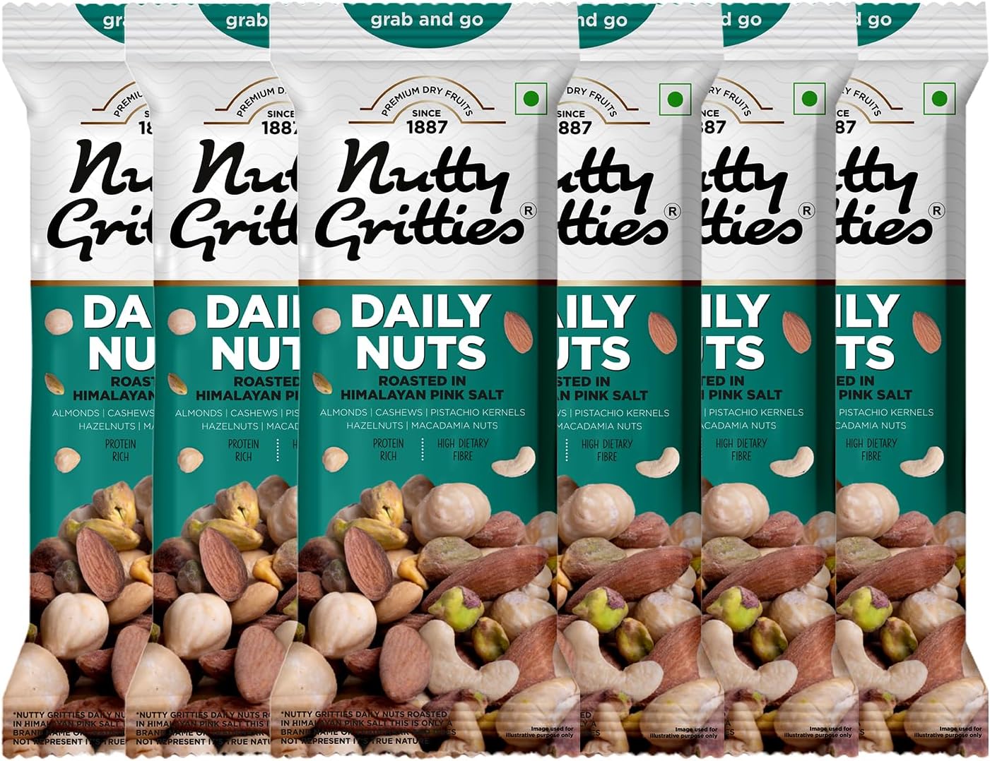 Nutty Gritties Daily Nuts with 5 Exotic Nuts Macadamias, Hazelnuts, Pistachio Kernels, Almonds, Cashews | Dry Roasted with Himalayan Pink Salt | Healthy Snack with Zero Oil, 210g (Each Pouch 35g, Pack of 6)