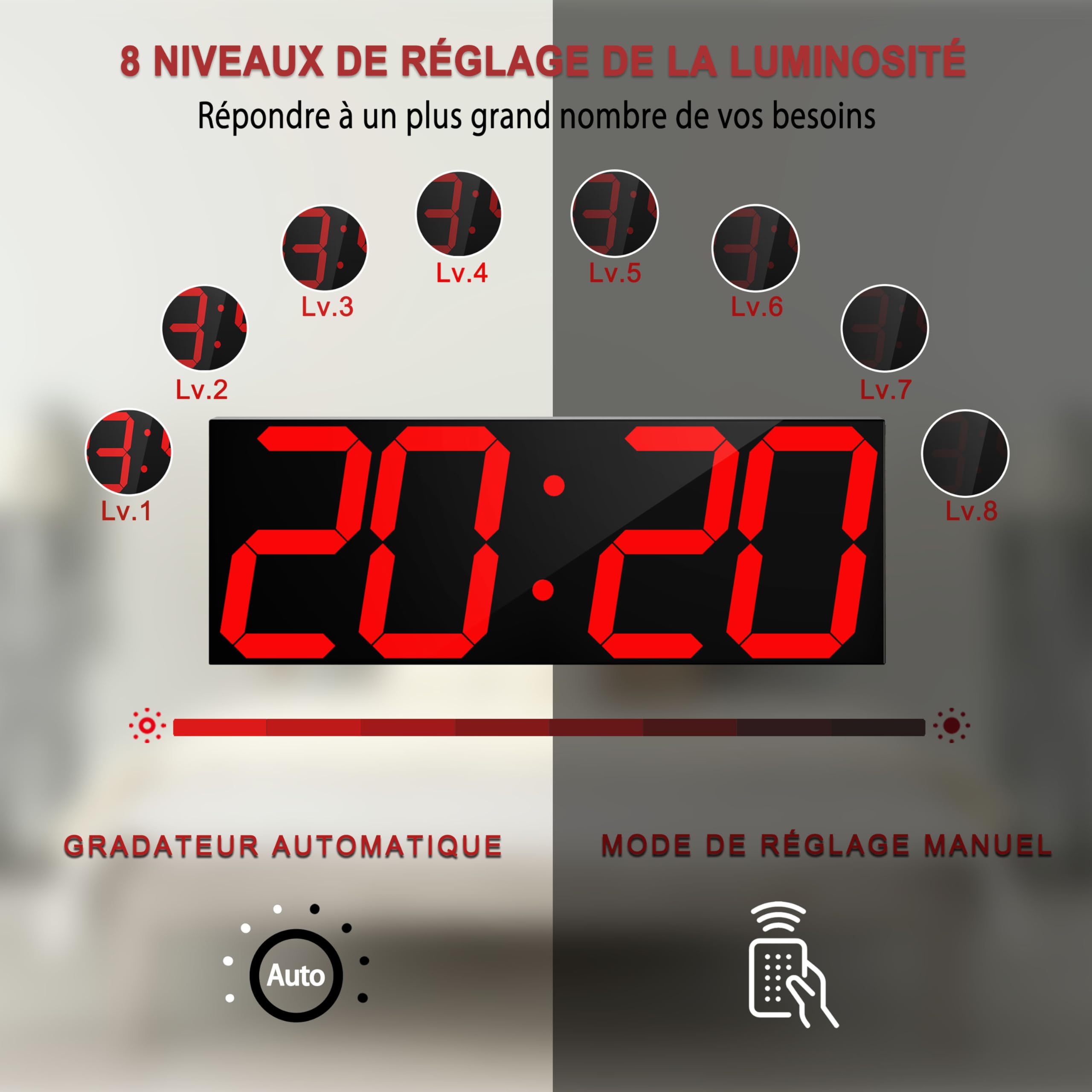 CHKOSDA Grande horloge murale LED numérique 18 pouces compte à rebours 8 niveaux luminosité réglables affichage 12/24 heures indicateur température calendrier rouge