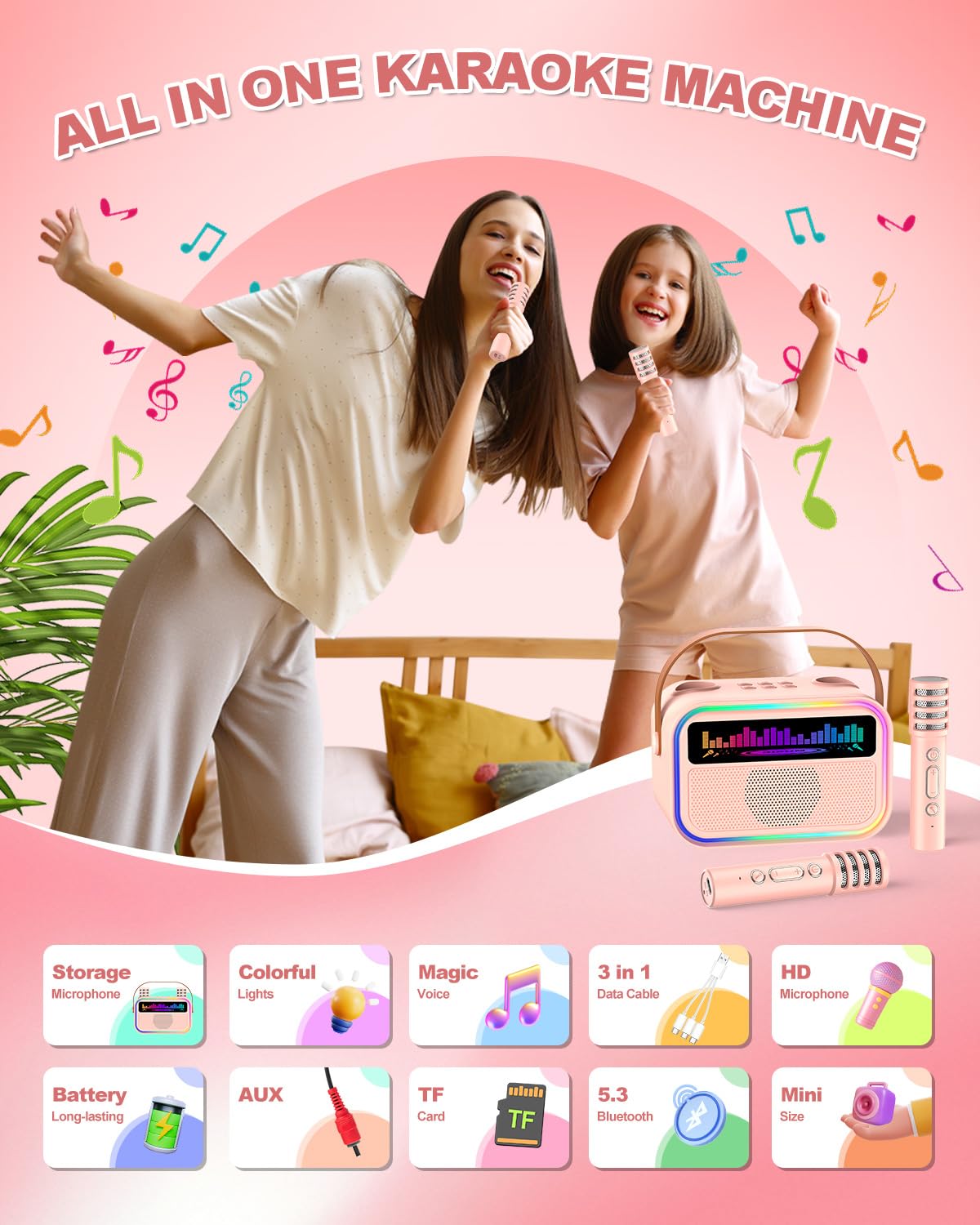 TOZDTO Kids Karaoke Machine for Girls, Kids Toys Gifts for Age 3-12+, Portable Bluetooth Speaker with 2 Wireless Microphones, Toddler Singing Karaoke for Birthday, Family, Home Party (Pink)