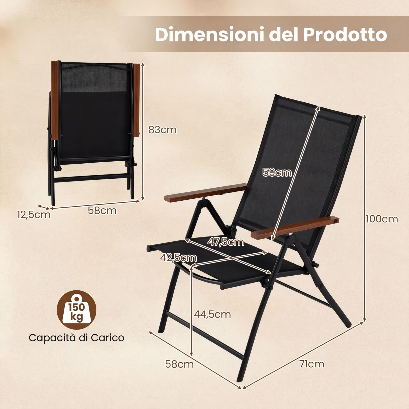 COSTWAY Set di 2/4 Sedie da Giardino Pieghevole, Struttura in Metallo, Poltrona in Tessuto Traspirante, Schienale Regolabile, per Balcone, Giardino, Terrazzo, Portata 150 kg (2,Nero)