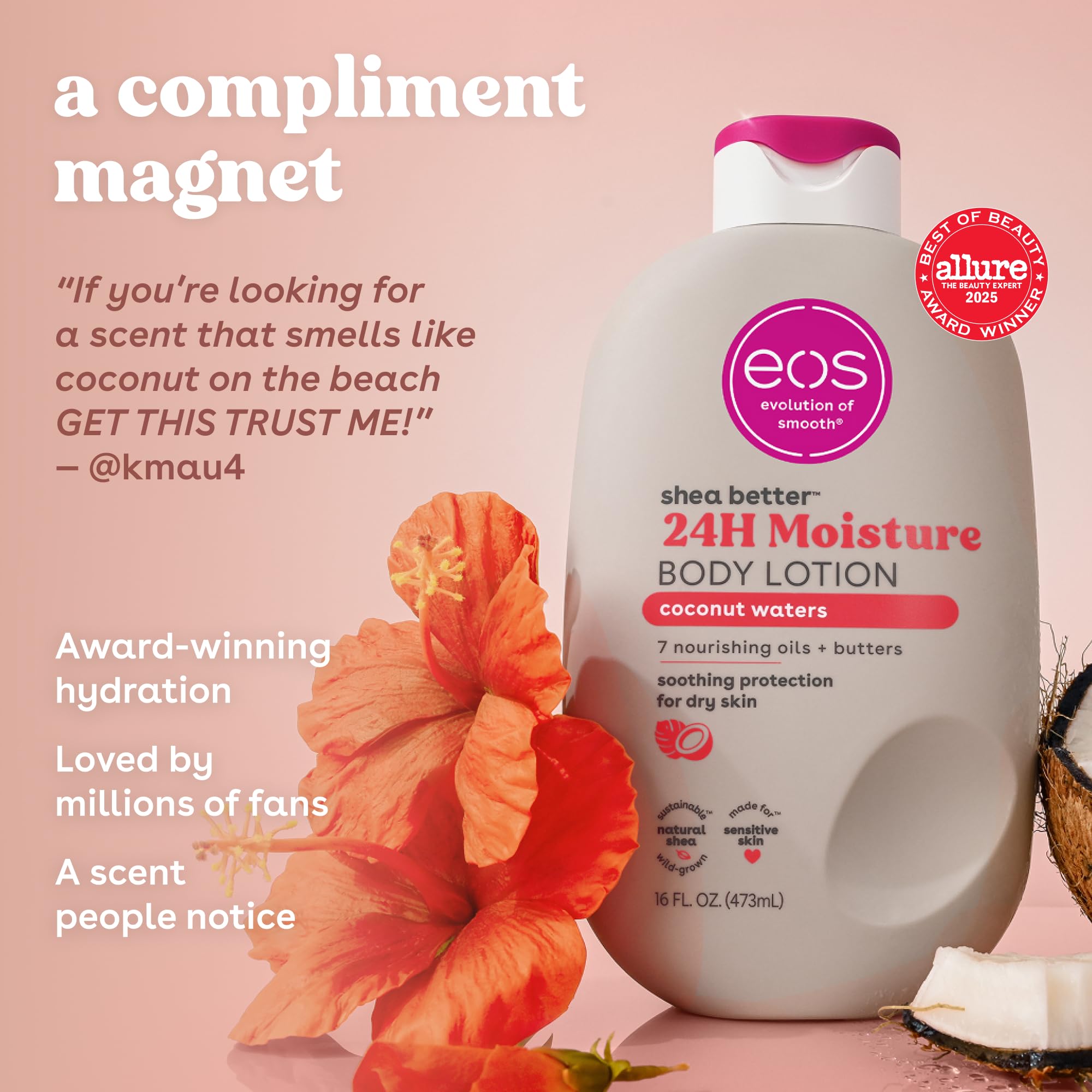 eos Loción corporal Shea Better - Agua de coco, cuidado hidratado de la piel durante 24 horas, ligera y no grasa, hecha con manteca de karité natural, vegana, 473 ml
