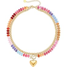 Beaded Necklaces for Women, Layered Necklaces for Women Gold Pendant Necklace Teen Girl Gifts Summer Gifts with Cuban Link Chain Nature Colorful Gemstone Beach Themed Gift Stocking Stuffers for Teens Her Christmas Jewelry