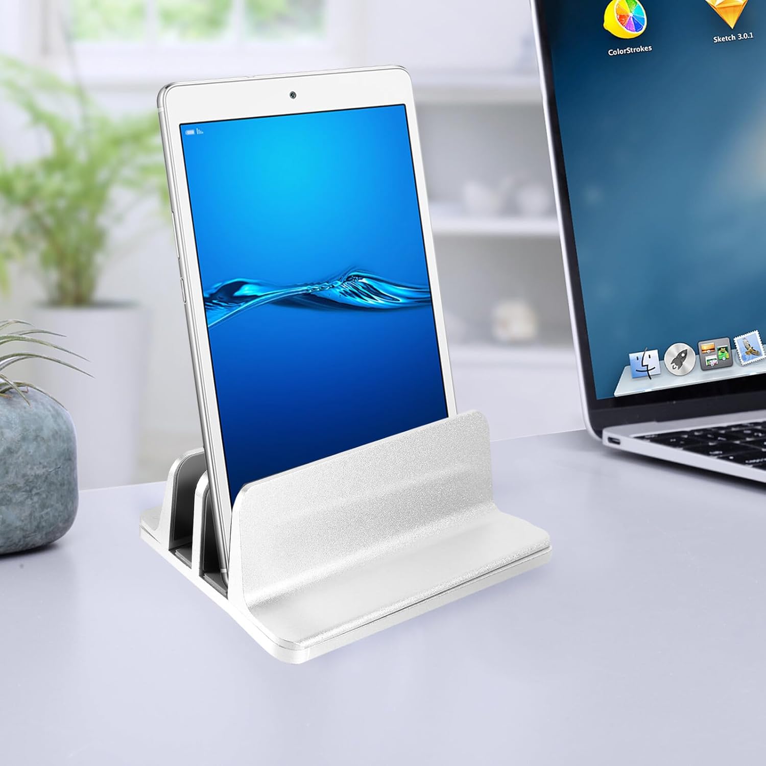 NUOBESTY Aluminum Vertical Laptop Stand and Tablet Holder for Office Desk, Silver Notebook Mount Base Compatible with Laptops and Tablets, Space-Saving Computer Vertical Dock
