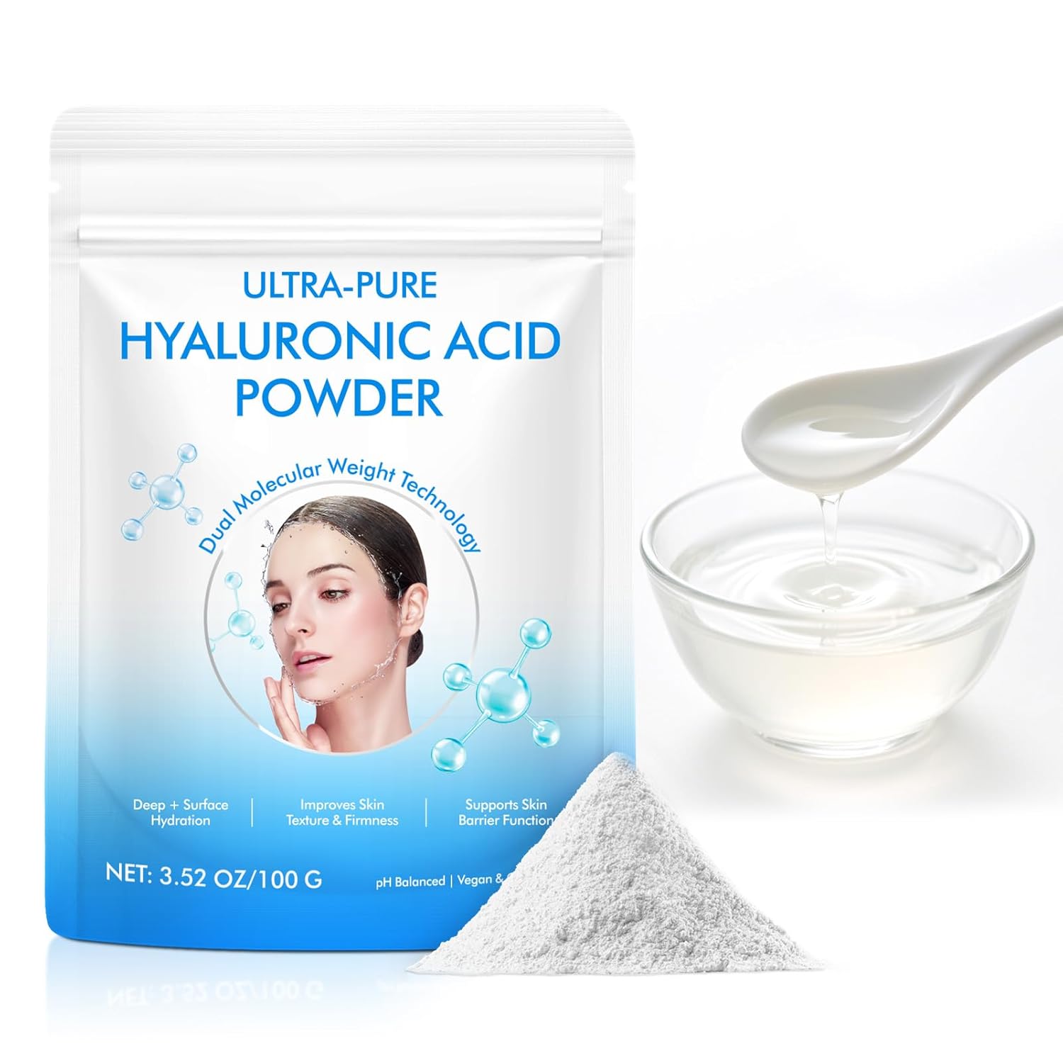 Hyaluronic Acid Powder, Hyaluronic Acid Powder for Face, Water-Soluble Formula, DIY Low Molecular Face Mask for Anti-Aging & Hydration, Micro Ingredients Facial Serum 100g