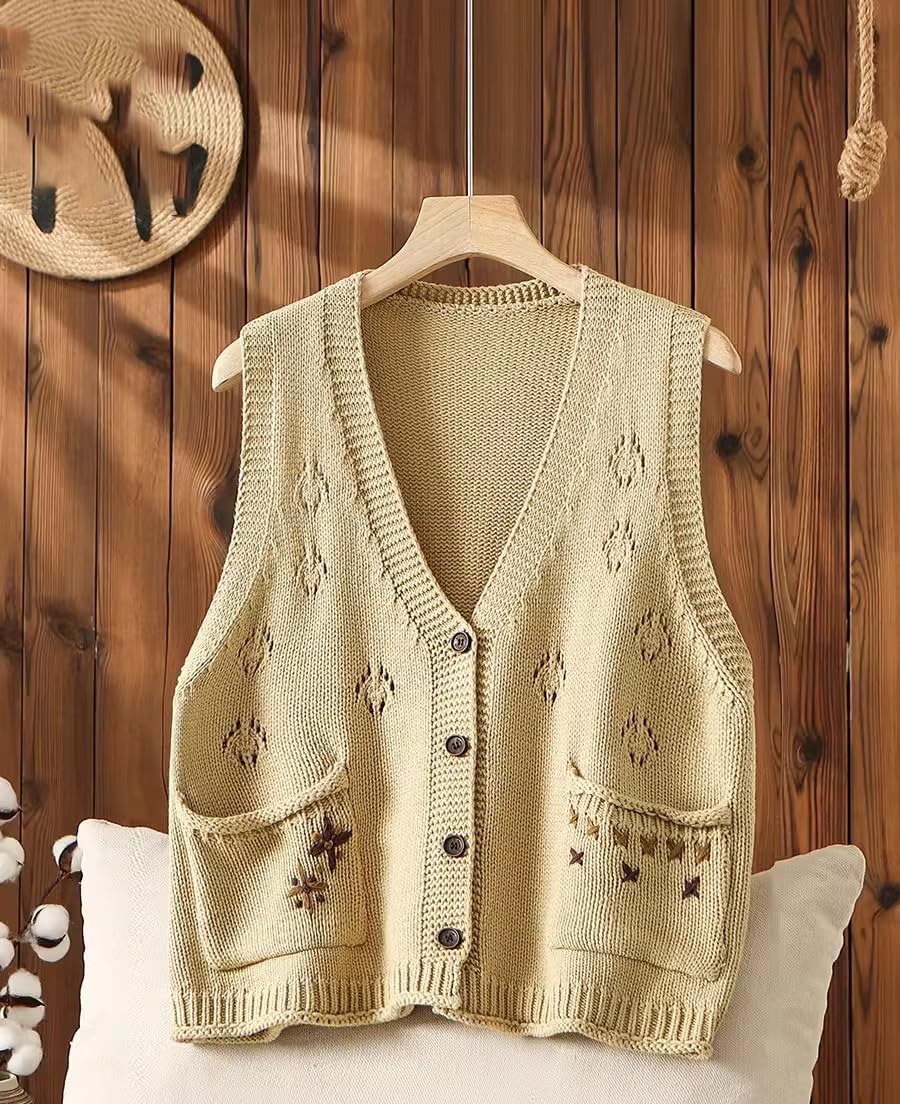 LIXINGHEITANG Large size knitted vest for women autumn and winter loose embroidered ethnic waistcoat sleeveless sweater