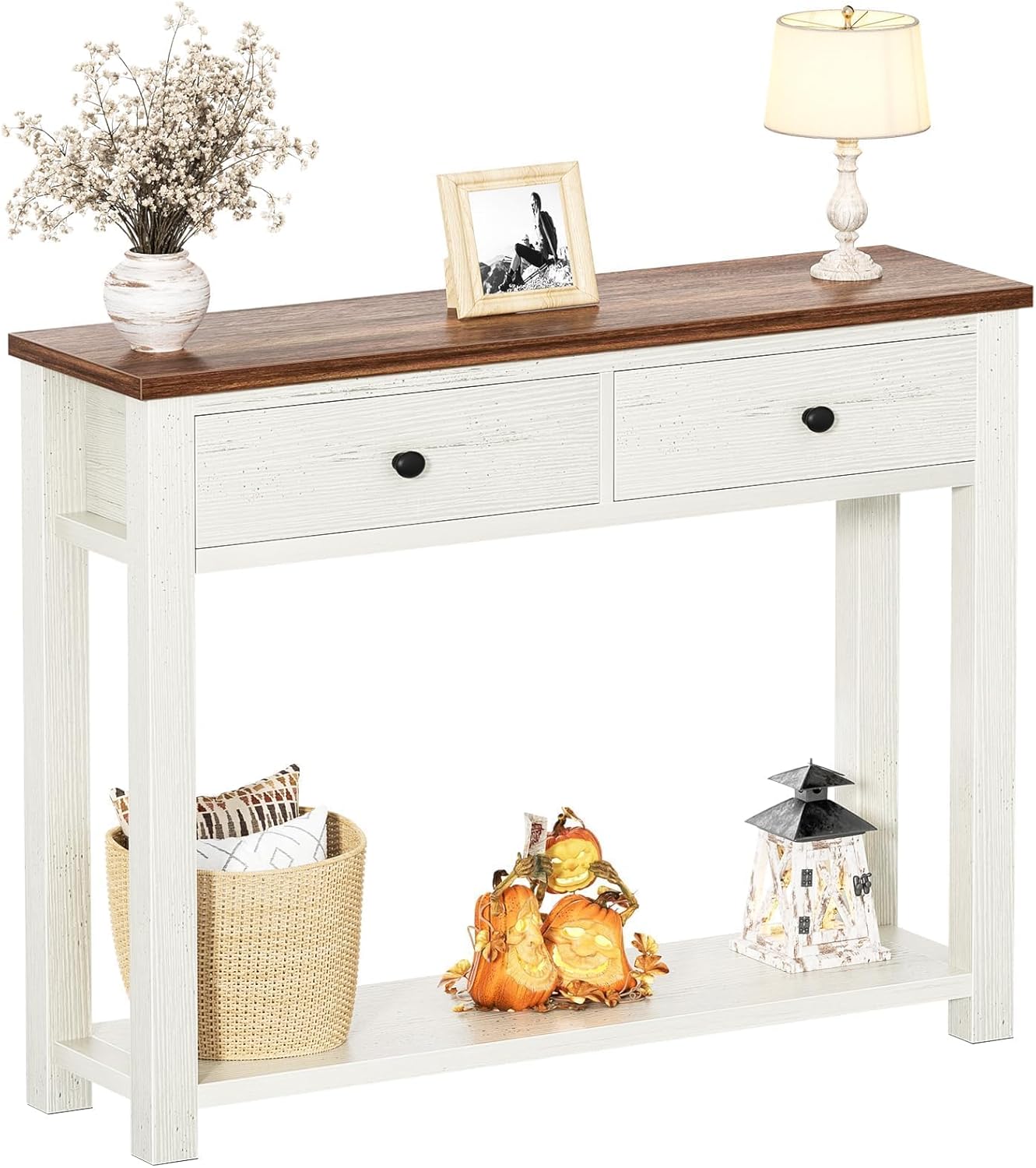 Homieasy Farmhouse Console Table with 2 Drawers, 32 Inch Small Sofa Table with Storage Shelf for Living Room, Behind Couch, Entryway Table for Hallway, Living Room, or Foyer, Brown and Antique White