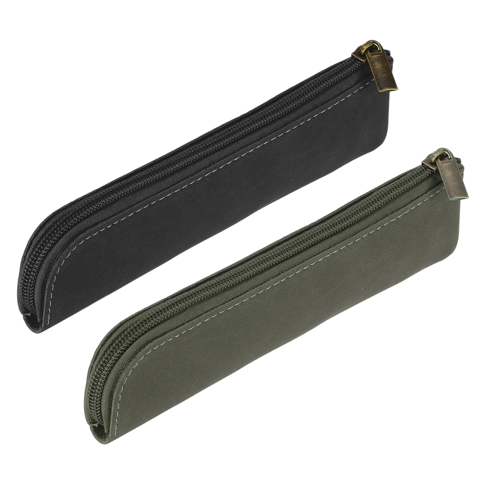 PATIKIL 205x55mm PU Leather Pencil Case, 2 Pcs Small Pen Pouch, Slim Pencil Case with Zipper Vintage Sanded Texture Stationery Bag for Women Men, Black/Grey
