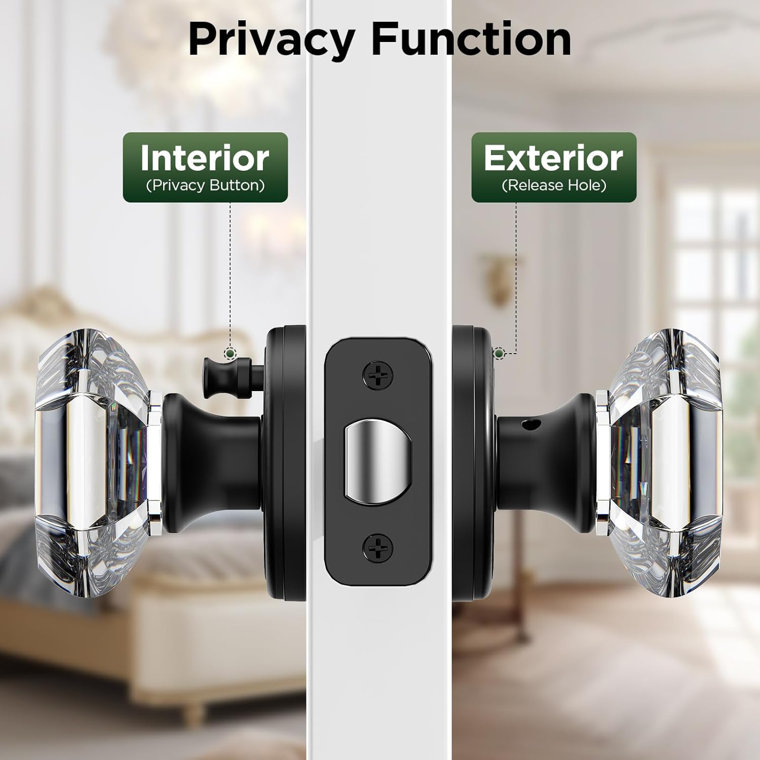 3 Pack Crystal Door Knob, Octagon Shaped Glass Door Knobs Interior with Lock, Matte Black Door Knobs Interior Glass