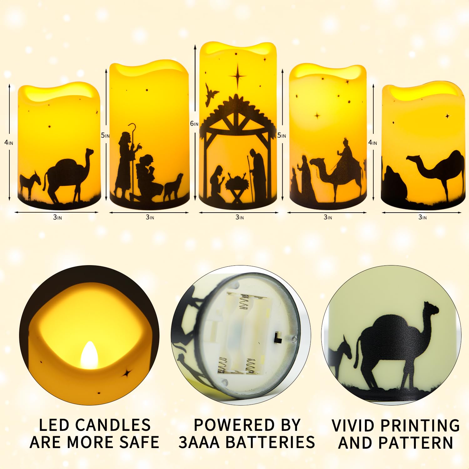 Oneihomm 5 Pack Christmas Flameless Candles with Timer, Nativity Scene