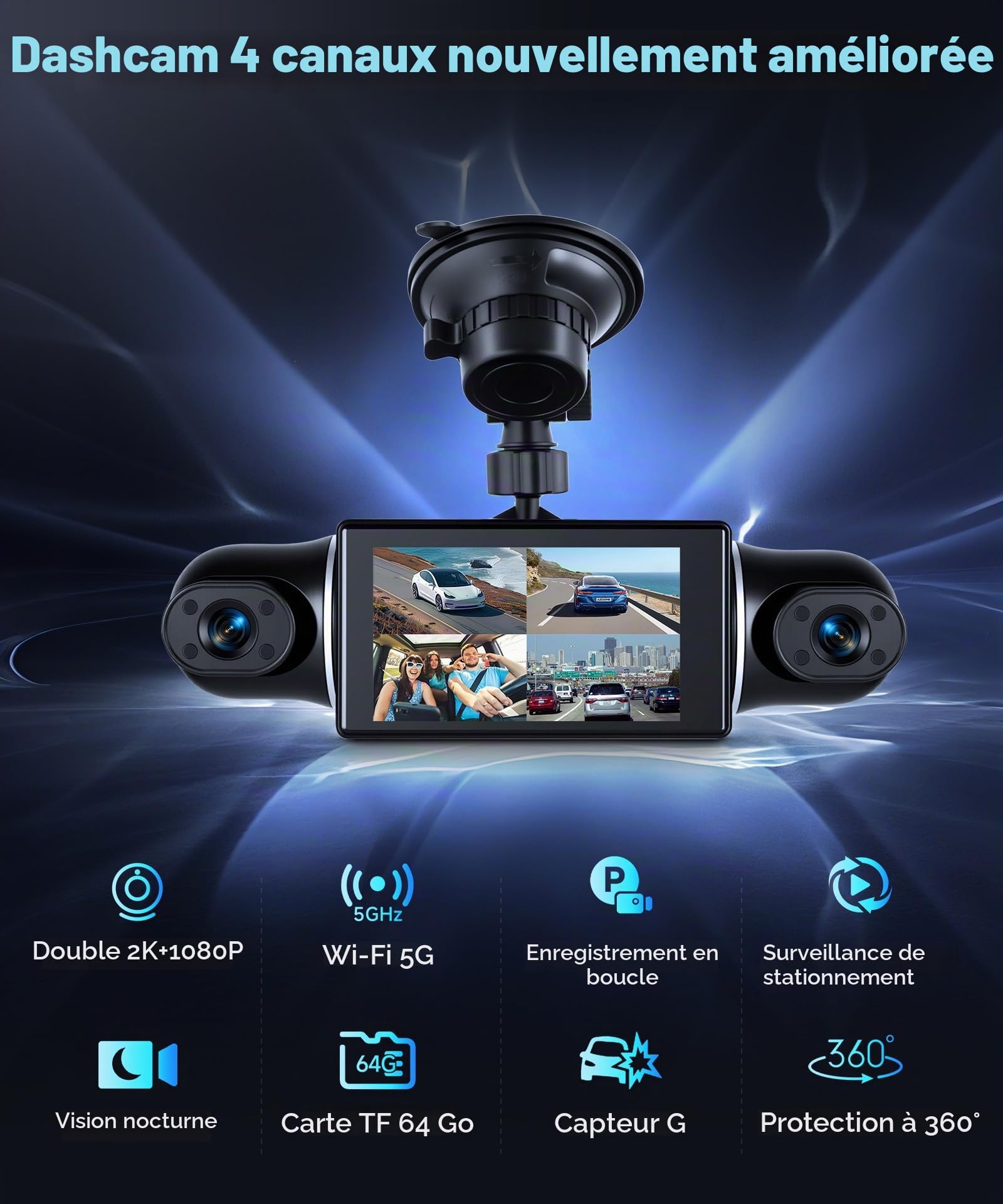 VECHTEL 2K Wi-FI Dashcam Auto avec Écran IPS de 3 Pouces Dash Cam Auto avec Vision Nocturne, SD 64GB Inclus, G-Sensor, 24H Mode Parking, Enregistrement en Boucle, Assistant de Recul