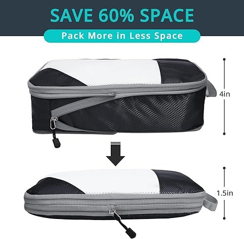 Vista 2 de Juego de 7 cubos de compresión para viajes, compresibles, ligeros y que ahorran espacio, artículos esenciales de viaje para mujer, color negro