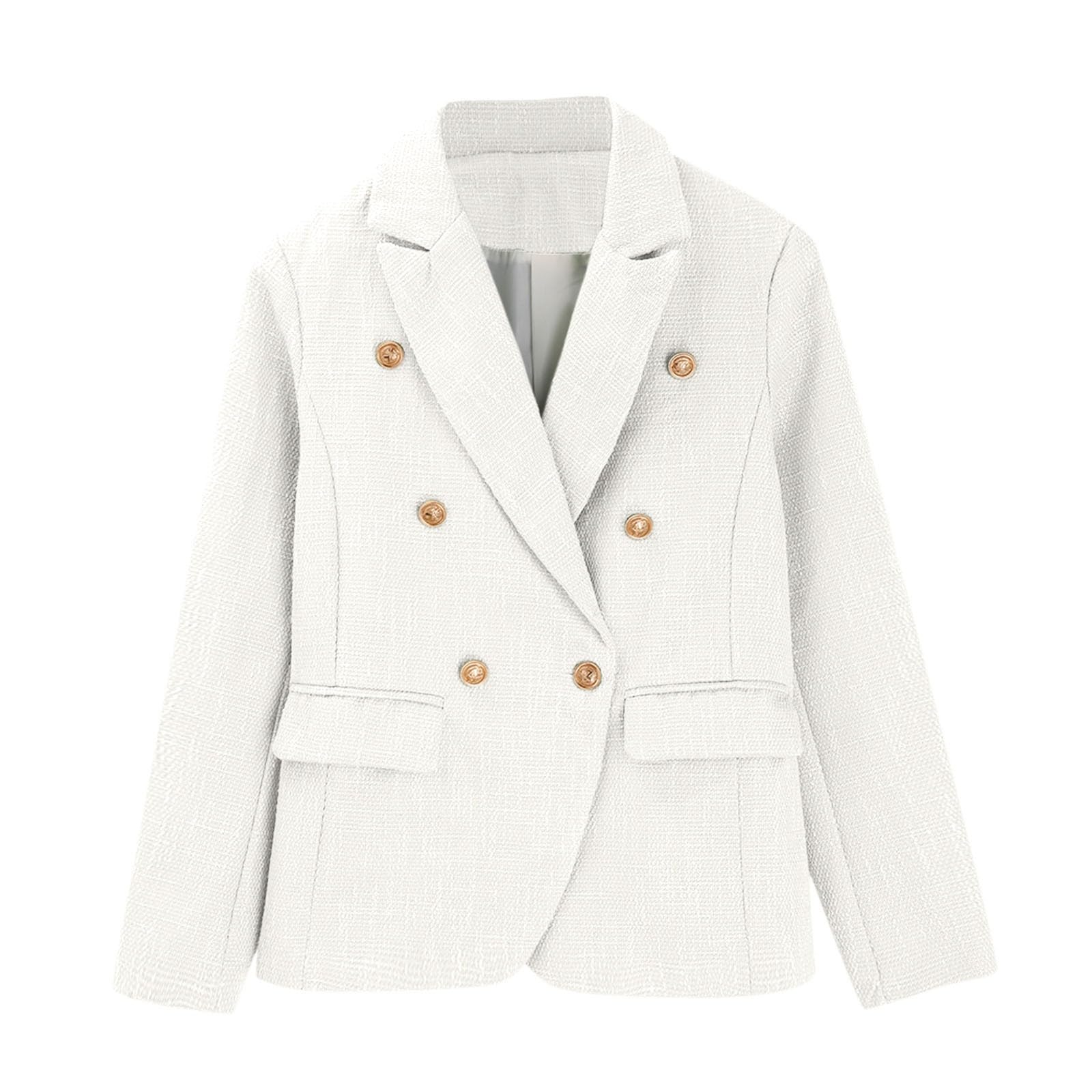 Giacca da ufficio da donna in tweed testurizzato, a maniche lunghe, con risvolto, tasca | Ampio colletto con risvolto, bottoni dorati a doppio petto, tasche con patta, abbigliamento casual da ufficio