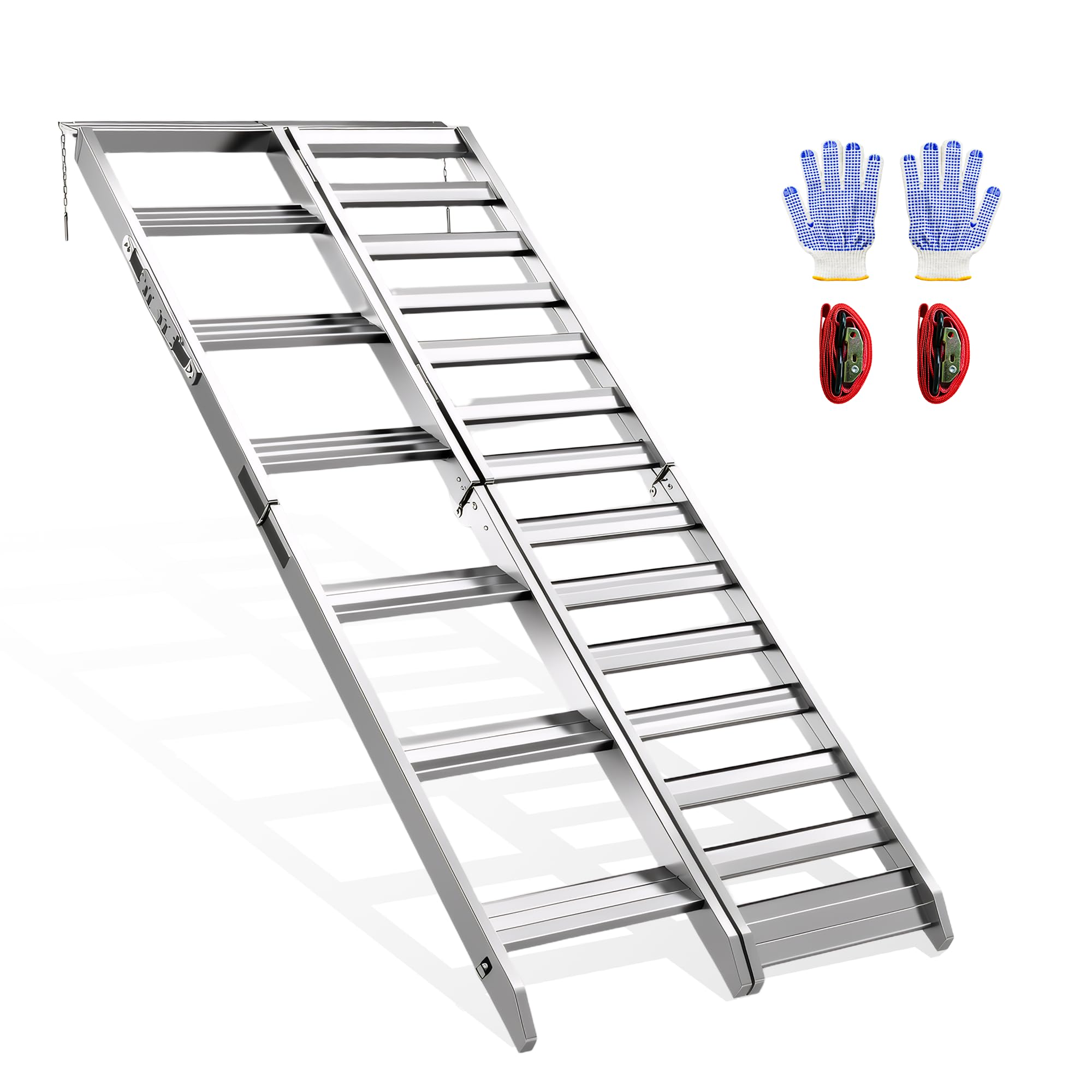 VNN Aluminum Motorcycle Ramp with Walking Step - 82" Foldable Ramp for Pickup Trucks, 4-Fold Dirt Bike Ramp for E-Bikes, 1100 LBS Capacity, Portable Loading Equipment, Slivery, 1PC