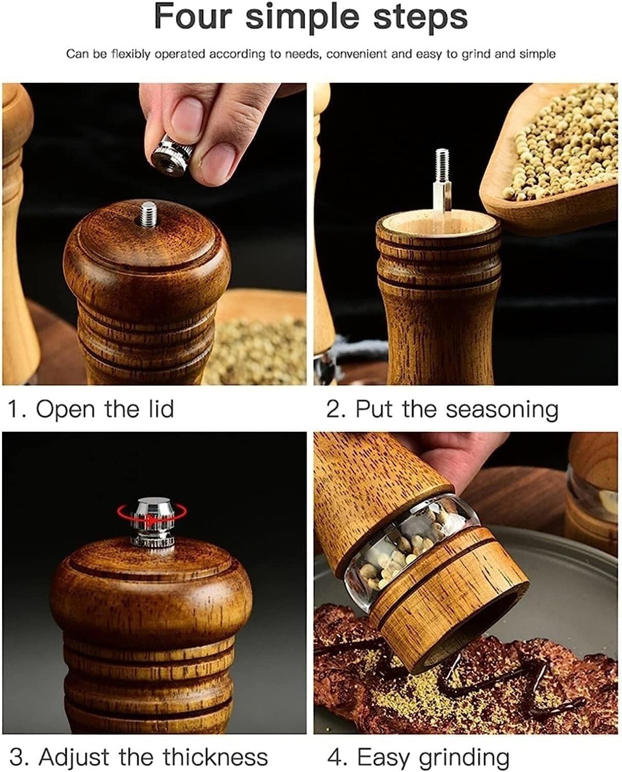 Wooden Salt and Pepper Grinder with Wooden Stand Manual Pepper Grinder Set Adjustable Ceramic Kitchen Spice