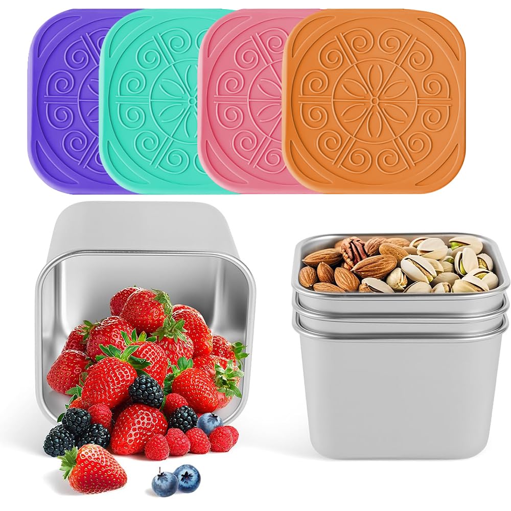 wdsilkbo 4 Pack Stainless Steel Snack Containers with Silicone Lids – 6oz Reusable Metal Food Containers, Leak-Proof, Stackable, Easy Open Lunch Box for School, Daycare, Travel