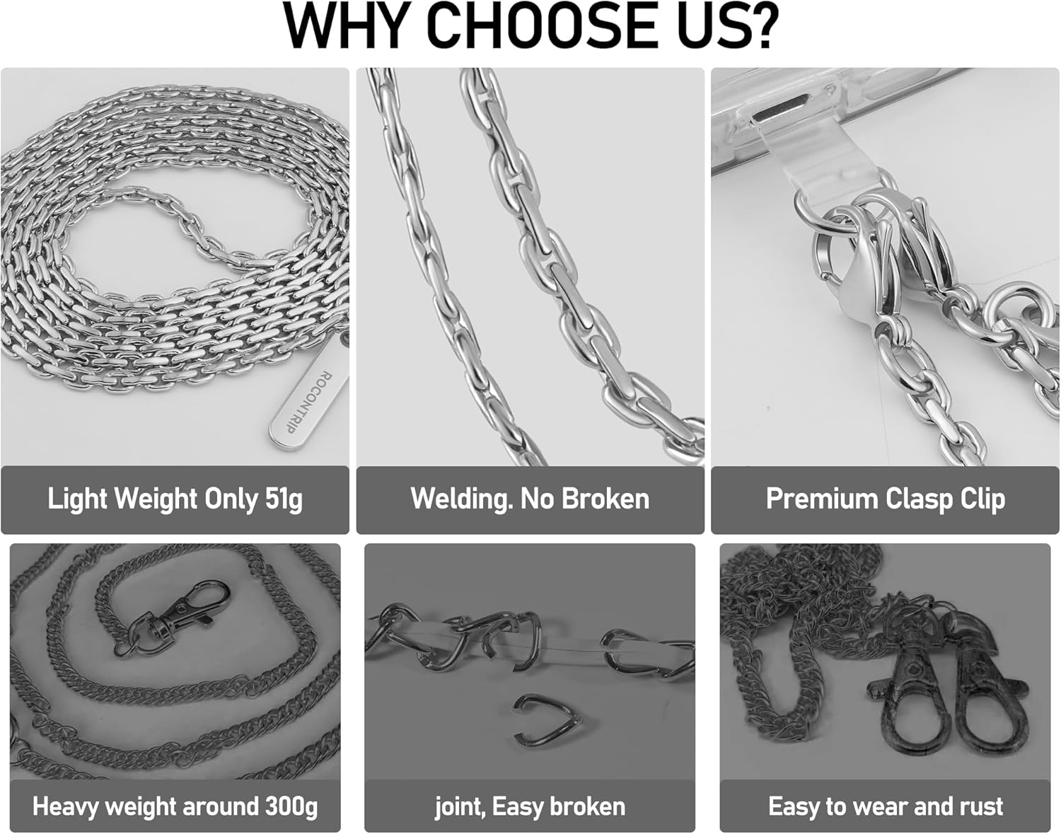 ROCONTRIP Metal Phone Chain Set Including Crossbody Phone Lanyard and Wrist Strap with 2*Tether Tabs Detachable iPhone Chain Strap Non-rust,Unbreak iPhone Wristlet Strap for Women Travel Essentials