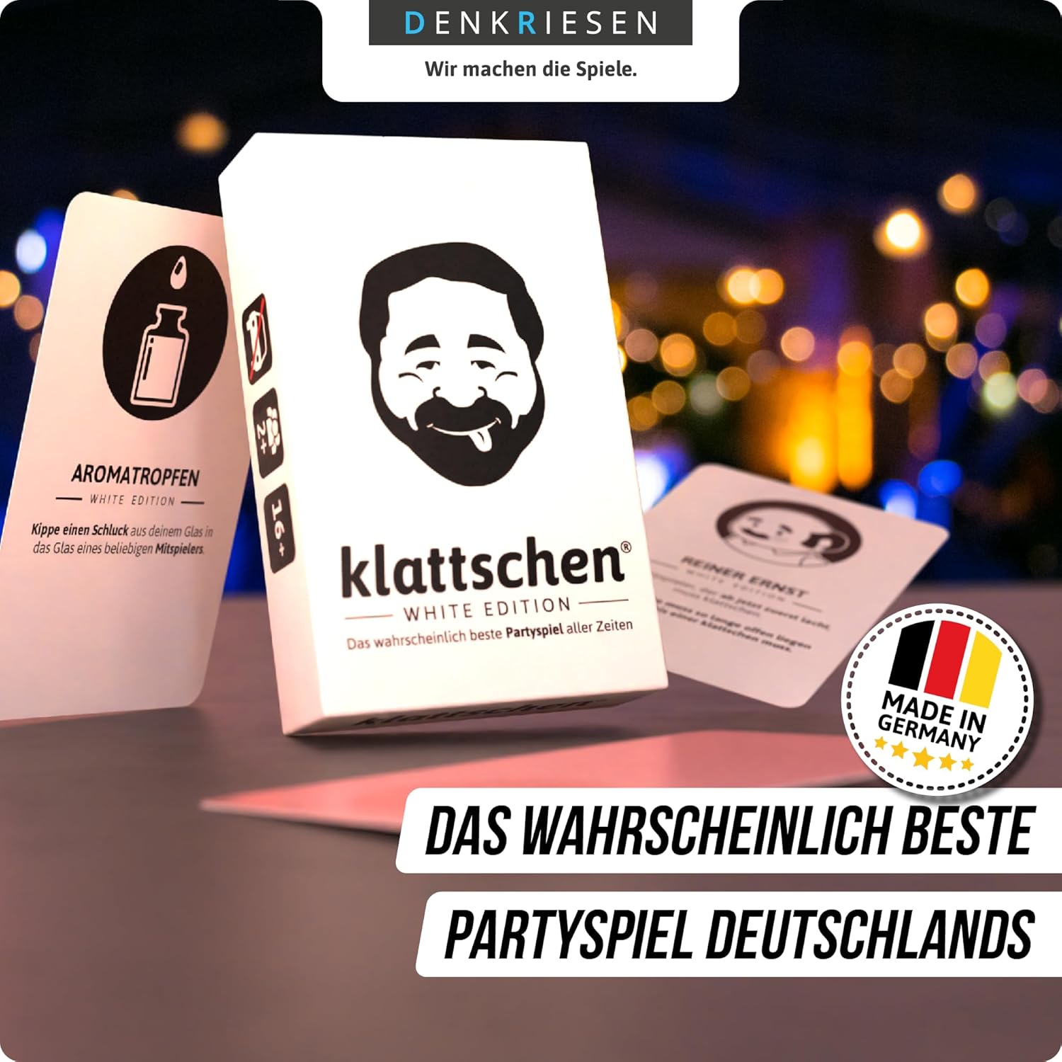 DENKRIESEN - klattschen® - White Edition - The Official Expansion of the Cult Drinking Game | Party Game | Card Game | Game Evening | Drinking Game Design: Playing Card Box