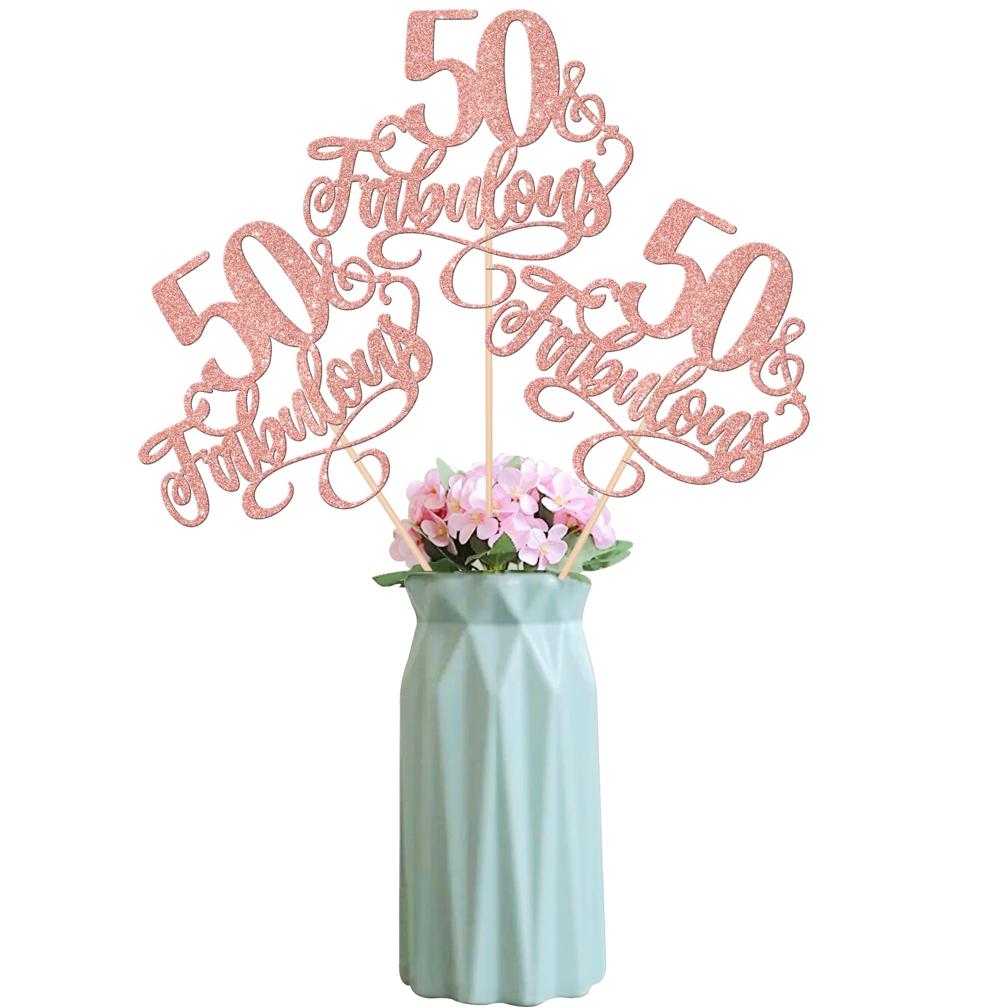 YCTHUNFISH 12 Pack 50th Birthday & Fabulous Rose Gold Table Centerpiece Sticks for Cheers to 50 Years Old Birthday Theme Party Supplies