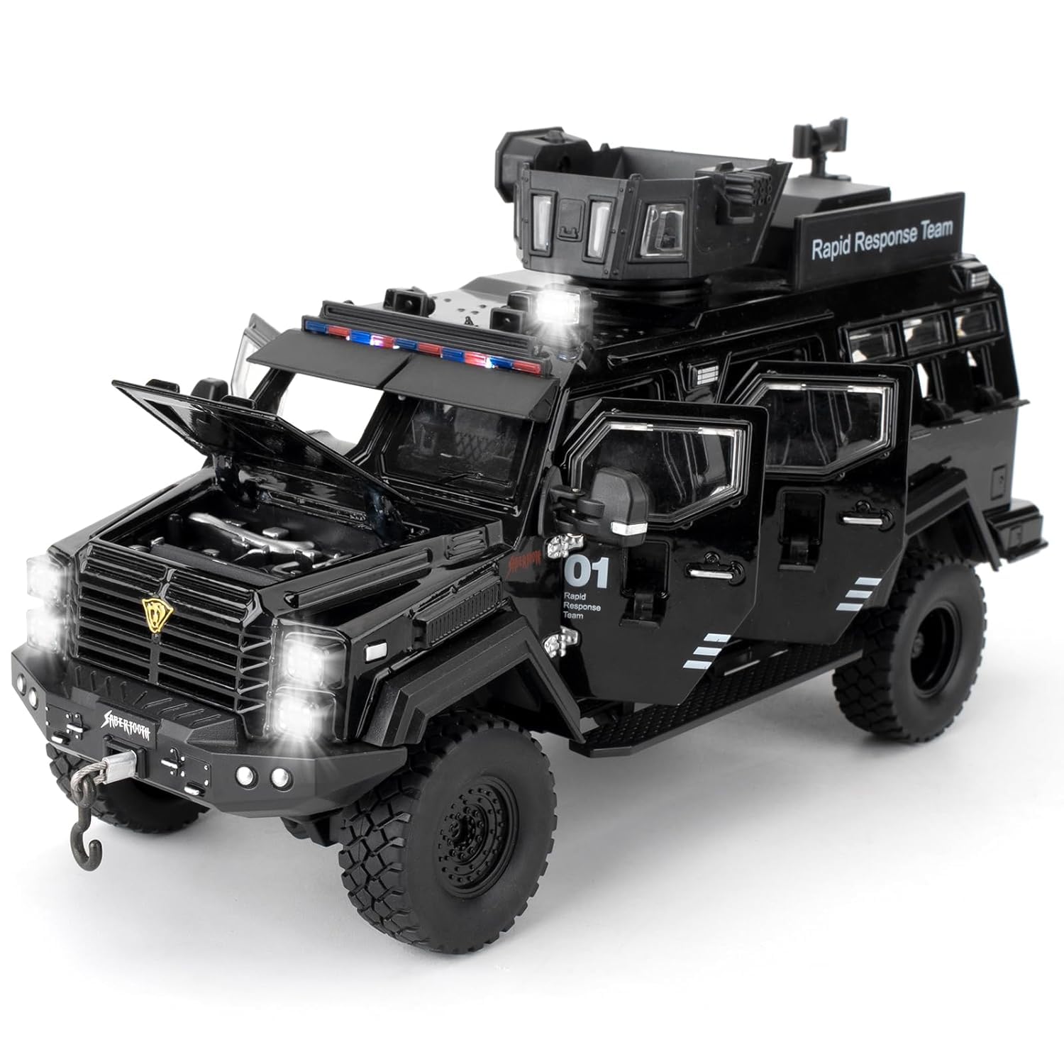 FEXXA Compatible for 1:24 Saber-Toothed Tiger Alloy Armored Car Model, Collectible Diecast Armoured Explosive Protected Vehicle Toy, Pull Back Toy Car with Sound and Light for Adult Kids (Black)-image-24