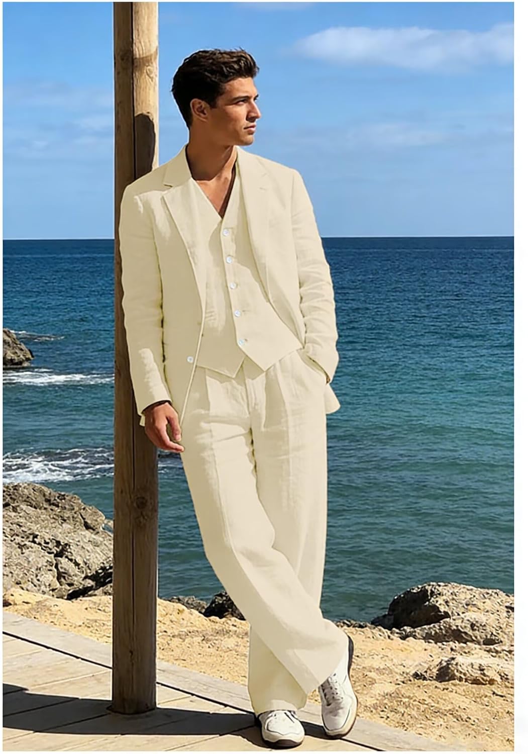 Men's Linen 3 Piece Suit Set Casual Blazer Single Breasted Vest Wide Leg Pants Beach Wedding Business Outfit