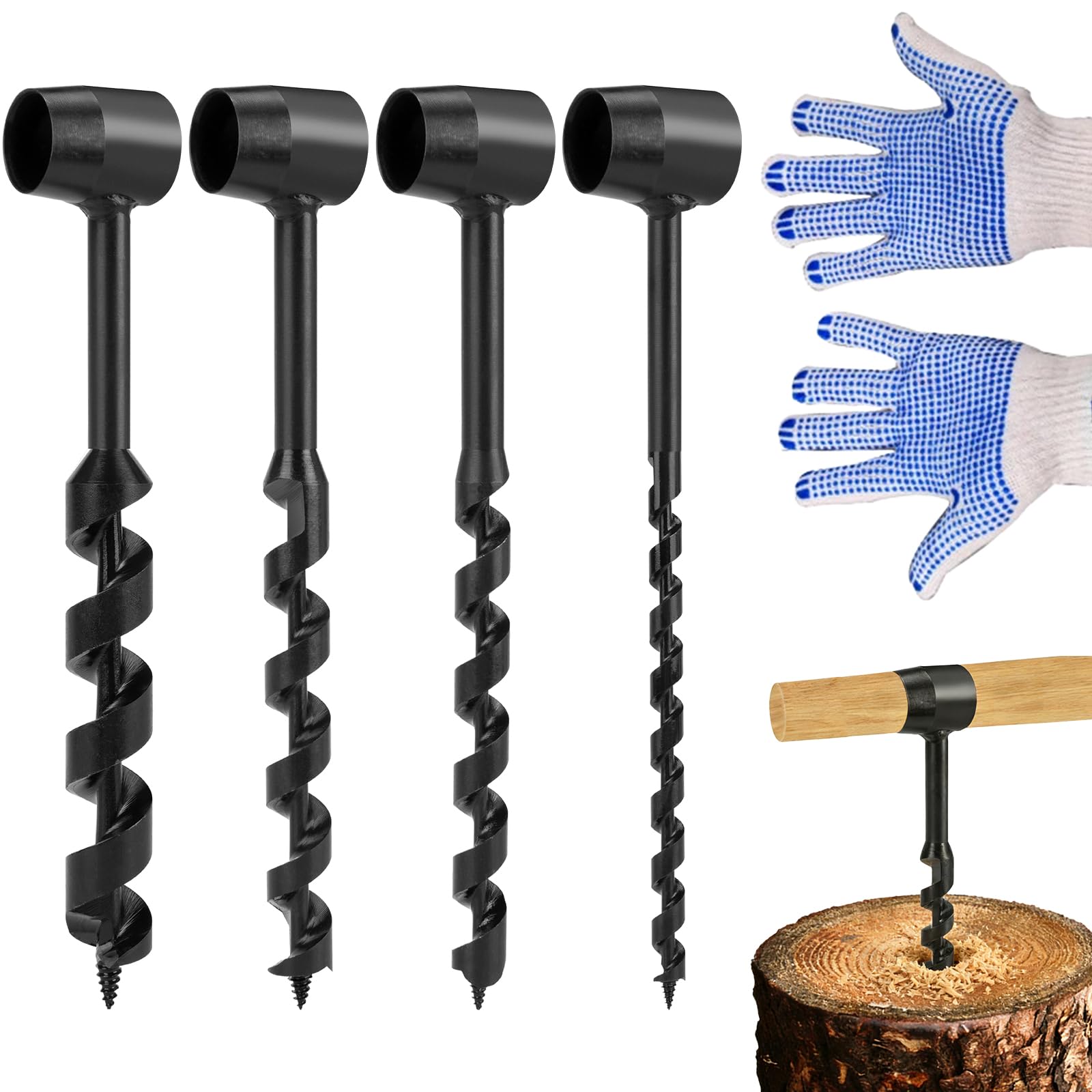 Bushcraft Lot de 4 forets à bois manuels avec tige en bois, pour le travail du bois, la survie en plein air, le camping, le travail de bushcraft