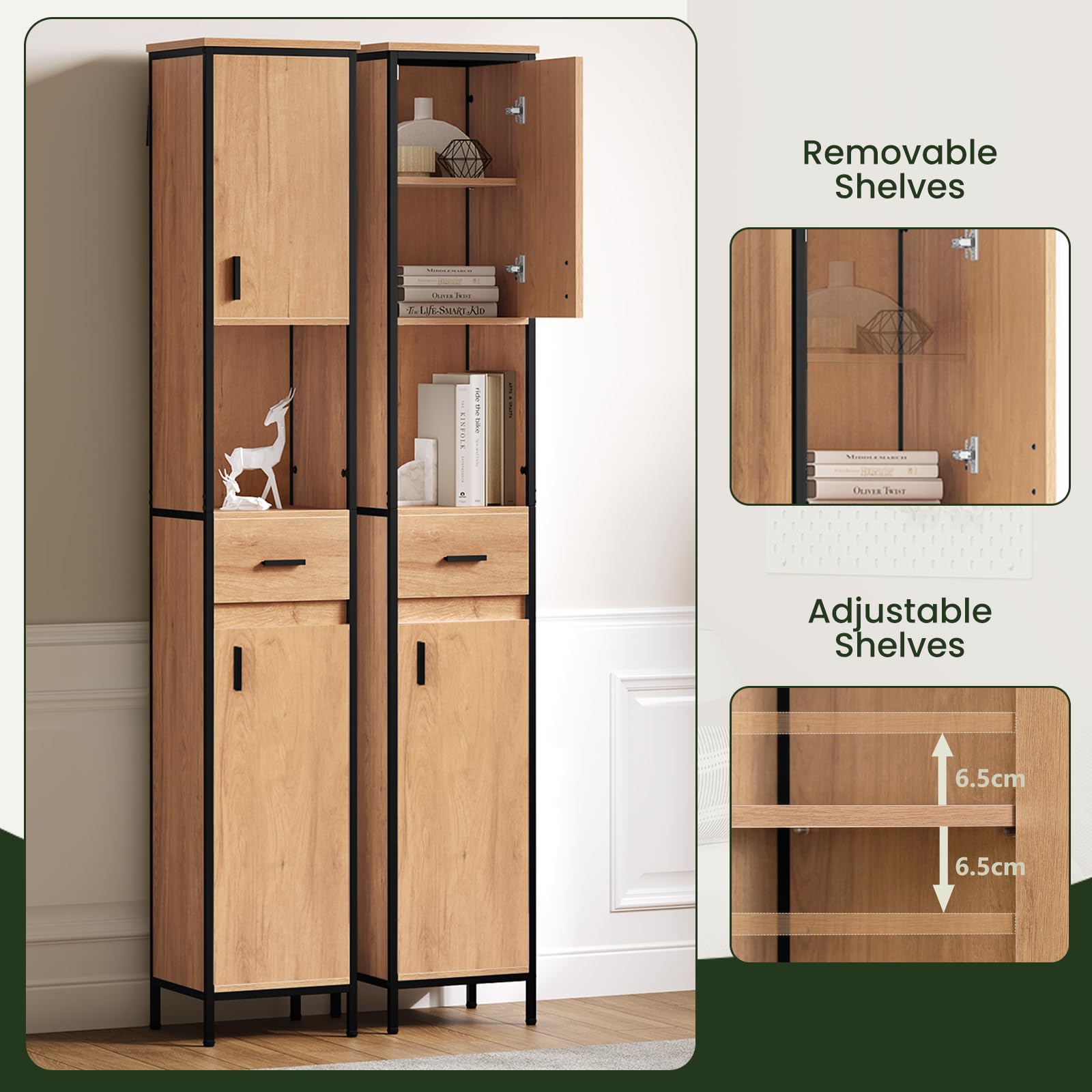 EUGAD Colonne Salle de Bain, Meuble Salle de Bain Rangement, avec 1 Tiroir, 2 Placards à Porte, 1 Casier Ouvert, Étagères Réglables, 30x30x180cm, Chêne Clair+Noir
