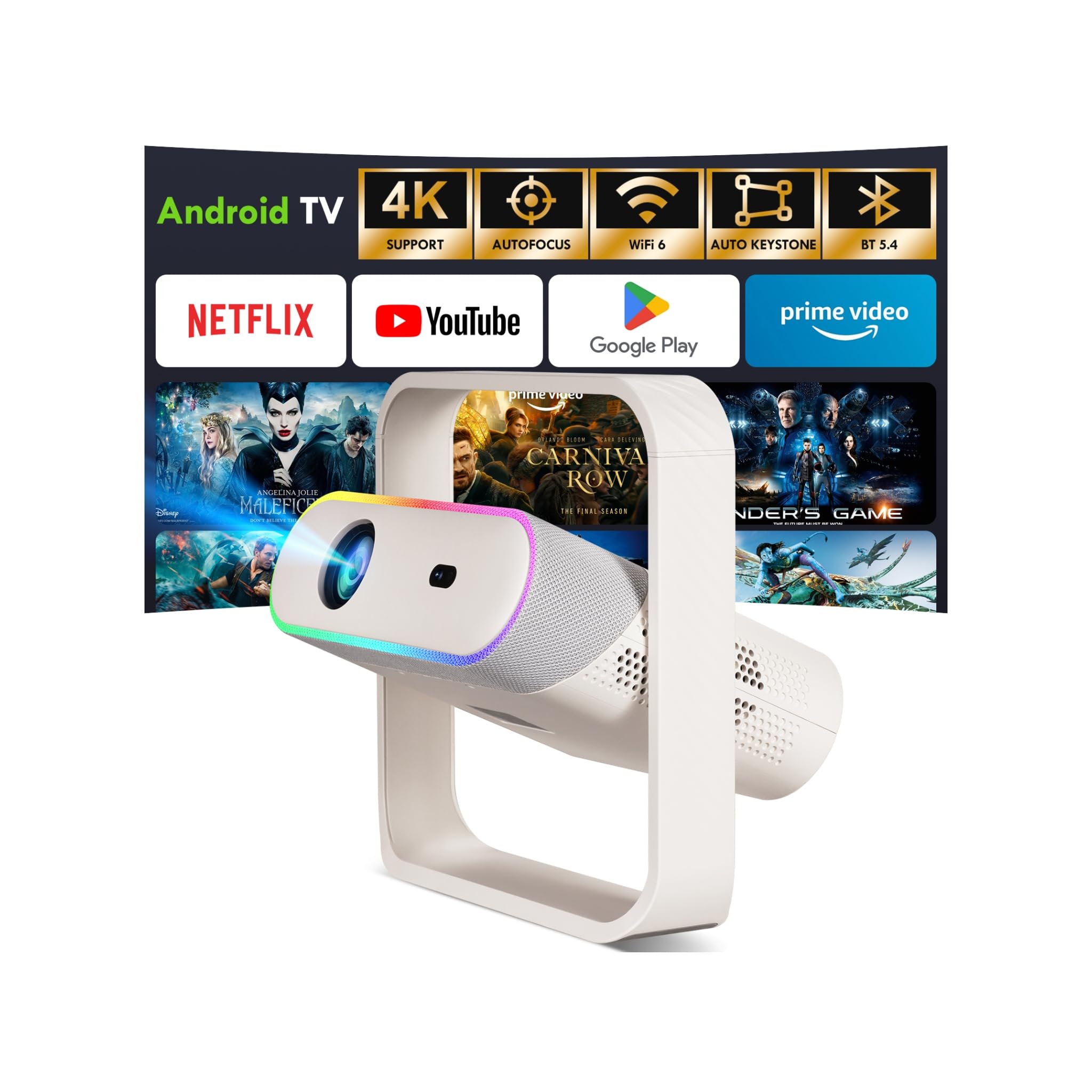 [App Integrada] Proyector 4K, SEPYMP Proyector Portatil, Soporte 1080P Nativo, 380ANSI, WiFi6, BT5.4, Enfoque Automatico,Correccion Trapezoidal, Luz Ambiental, Compatibile con HDMI/USB/TV Stick/PS5