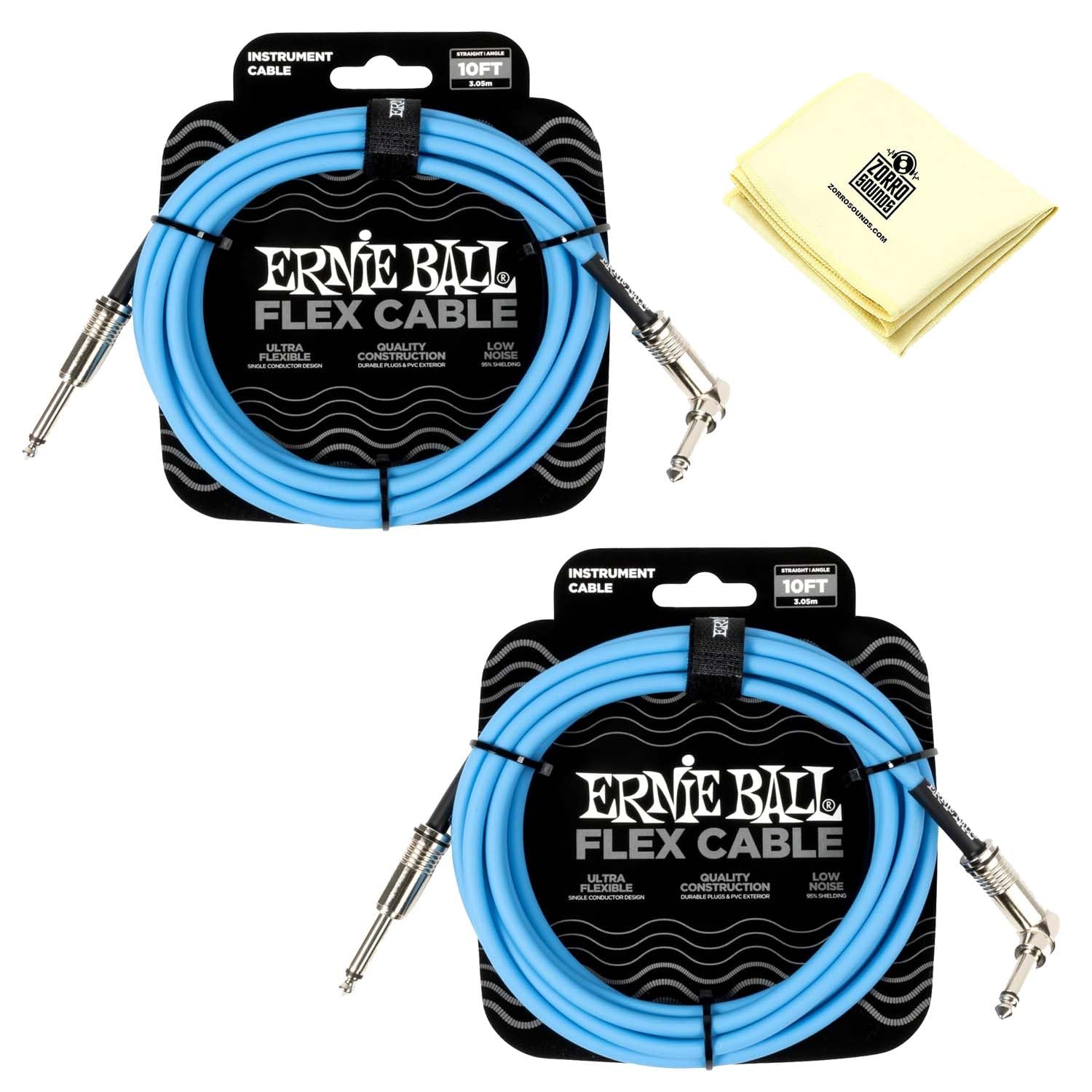 Ernie Ball Flex - Cable de instrumento recto/angular, paquete de 2 con paño de pulido Z en azul, 10 pies