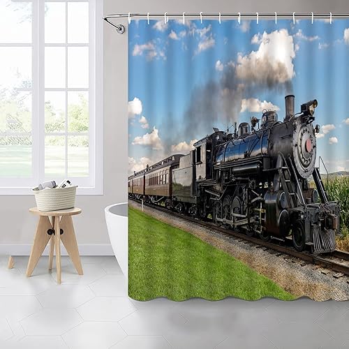 Miniatura 4 de Cortinas de ducha retro con tren de vapor, decoración de baño, fondo de fiesta, tela de poliéster, accesorios de baño para el hogar, juego de