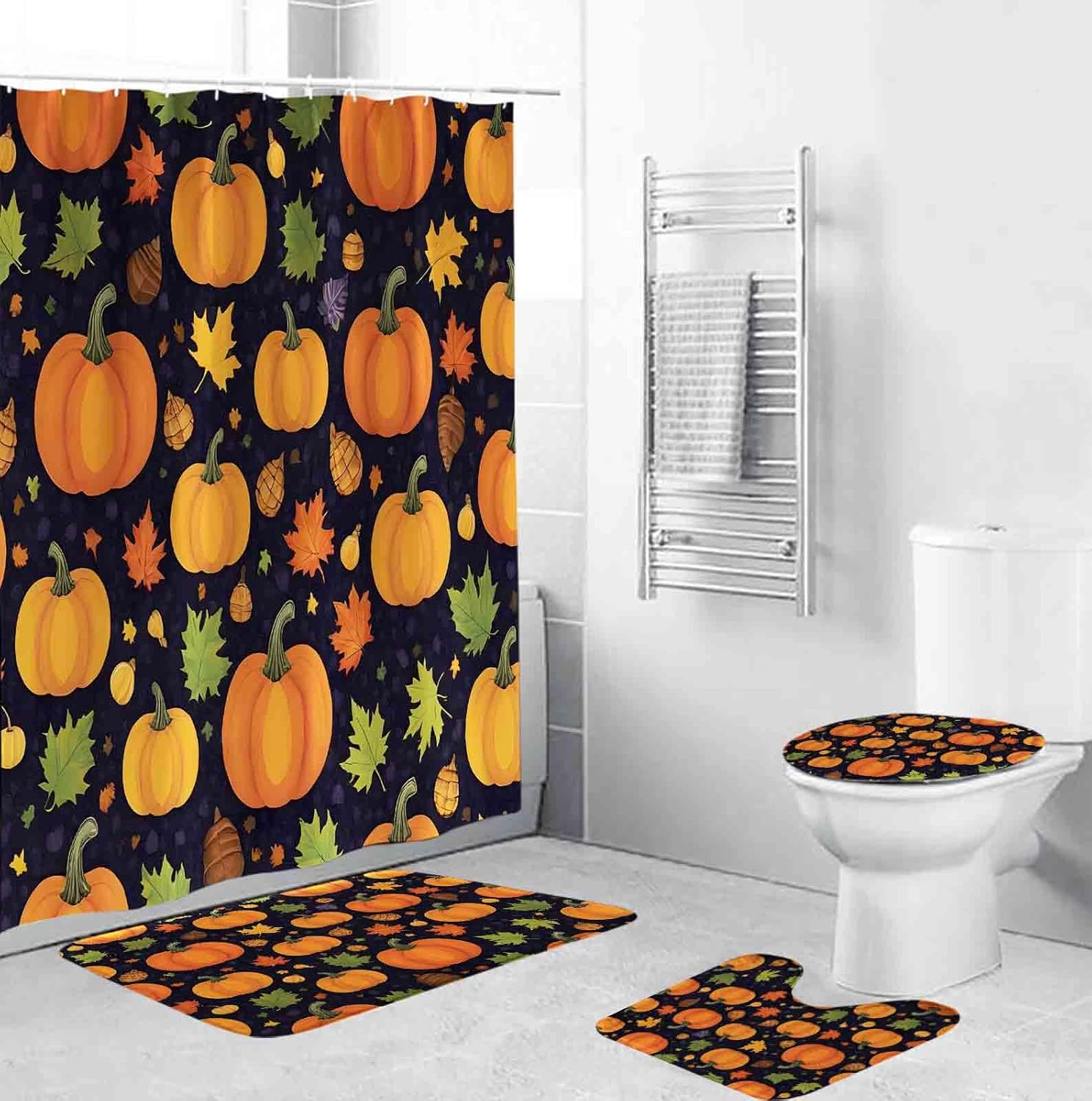 EMMTEEY Fall Shower Curtain Set for Bathroom Include Harvest Autumn Pumpkin Shower Curtain Non Slip Rugs Toilet Lid Cover Pumpkin Bath Mat and 12 Hooks for Autumn Bathroom Decor