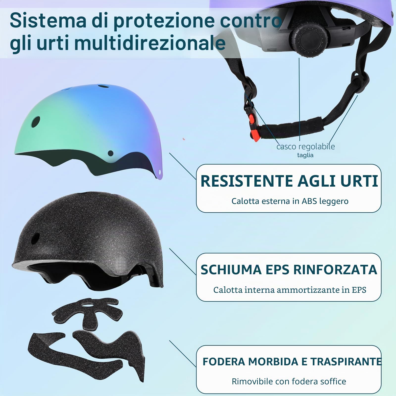 Casco da bici regolabile per bambina bambini Con gradiente di colore, Casco protettivo per ragazze ragazzi per multisport skateboard monopattino ciclismo pattinaggio, Verde Blu