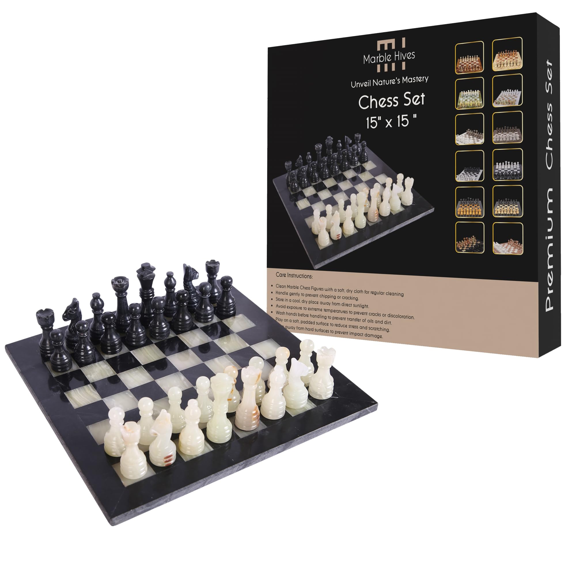 Handmade Marble Chess Set -Chess Sets for Adults - Premium Quality Chess Boards - Fancy Chess Boards (15 x 15 Without Checkers, Black & Onyx)
