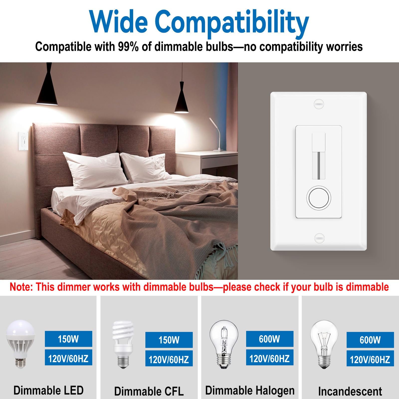 Lot de 10 variateurs d'intensité coulissants à LED, unipolaire, pas de fil neutre nécessaire, 150 W max LED/CFL 600 W max à incandescence/halogène, gradateur certifié ETL, blanc