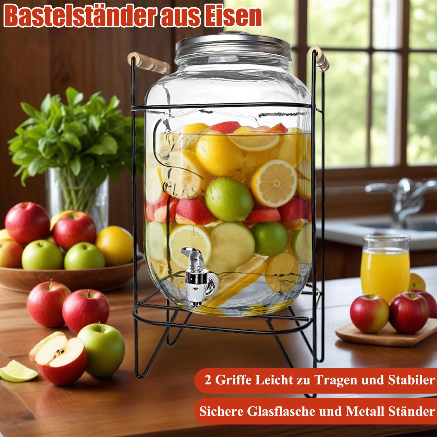 Drankdispenser, waterdispenser, glas, tapkraan met tapkraan en deksel, 4 liter, voor limonade sappen