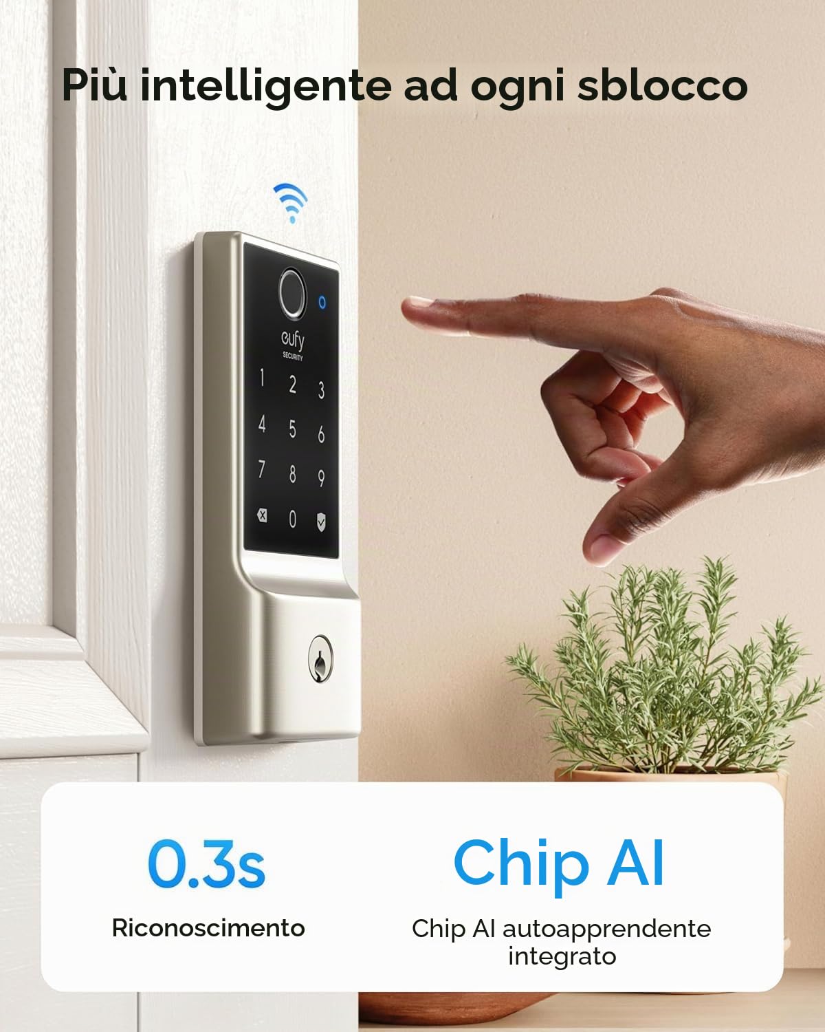 eufy Security Smart Lock C220, Serratura per porta d'ingresso senza chiave con impronte digitali, Wi-Fi integrato, Telecomando app, Serratura intelligente per porta d'ingresso, Impermeabile IP53