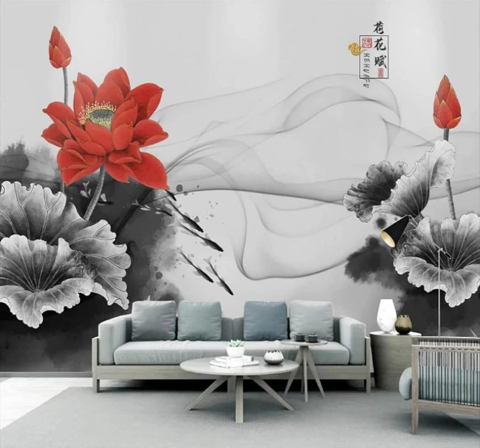 Wallpaper-3D-Xlm 400Cm×280Cm(B×H) Hand Drawn Ink Wash Mist Red Lotus Artistic Atmosphere 3D Wallpaper Easy Install Feature Office Living Room Sofa Bedroom Tv Background Wall Decoration-400Cm×280Cm