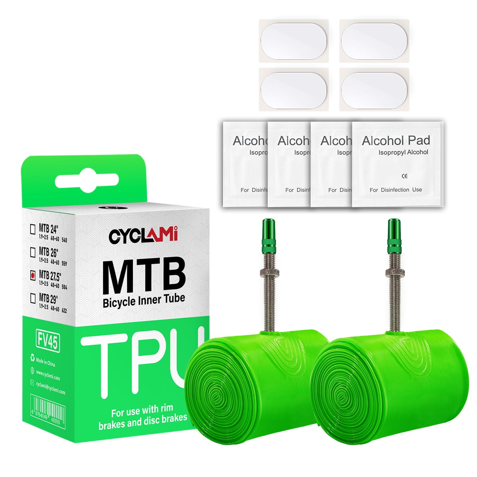 2 Pack CYCLAMI Bike Tire Tube for 700C Road / MTB26/27.5/29 / Gravel, TPU Bike Inner Tube with 45/60/65/80/85mm Presta Valves, Ultra-Light TPU Inner Tube(Include Patch Repair Kits)