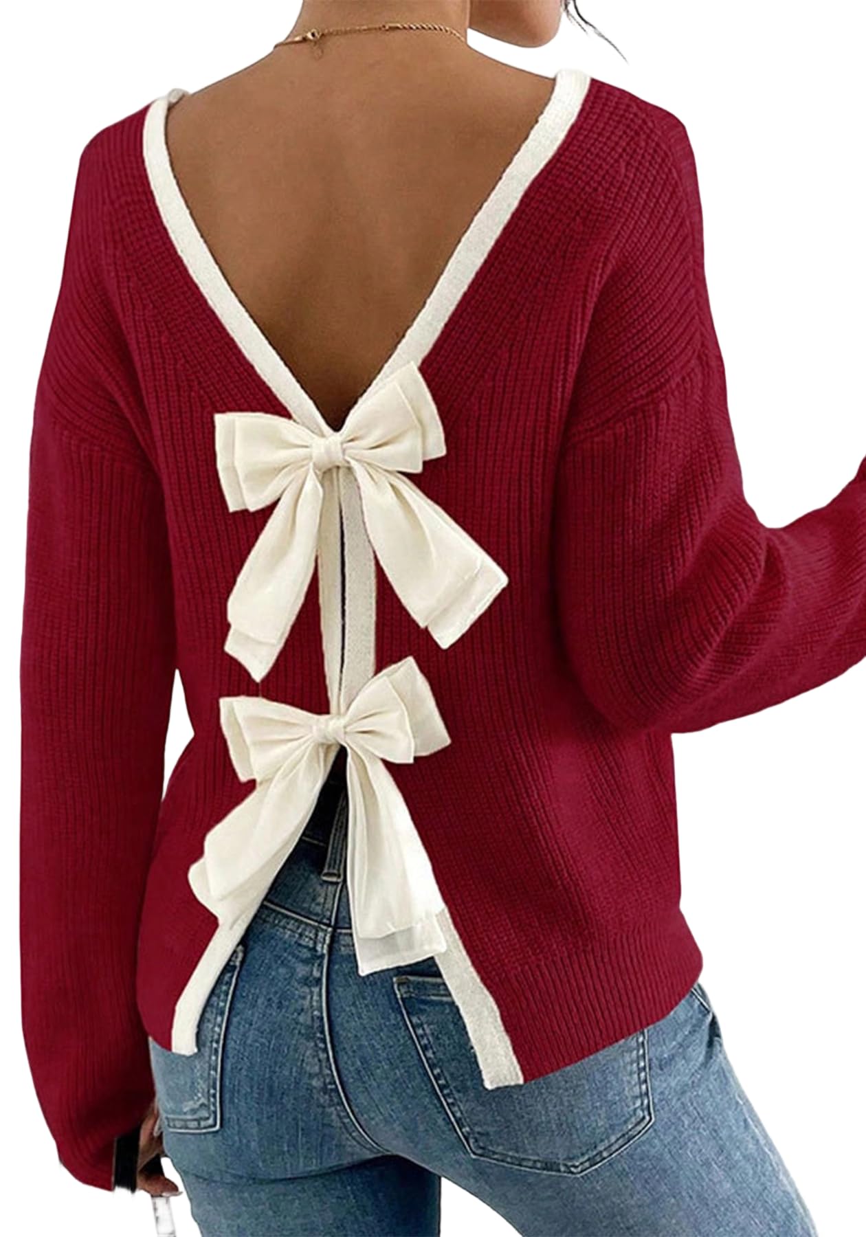 Unybwonn Women Bow Pullover Sweater Long Sleeve Crewneck Knit Ribbed Top Casual Trendy Knot Lightweight Sweaters