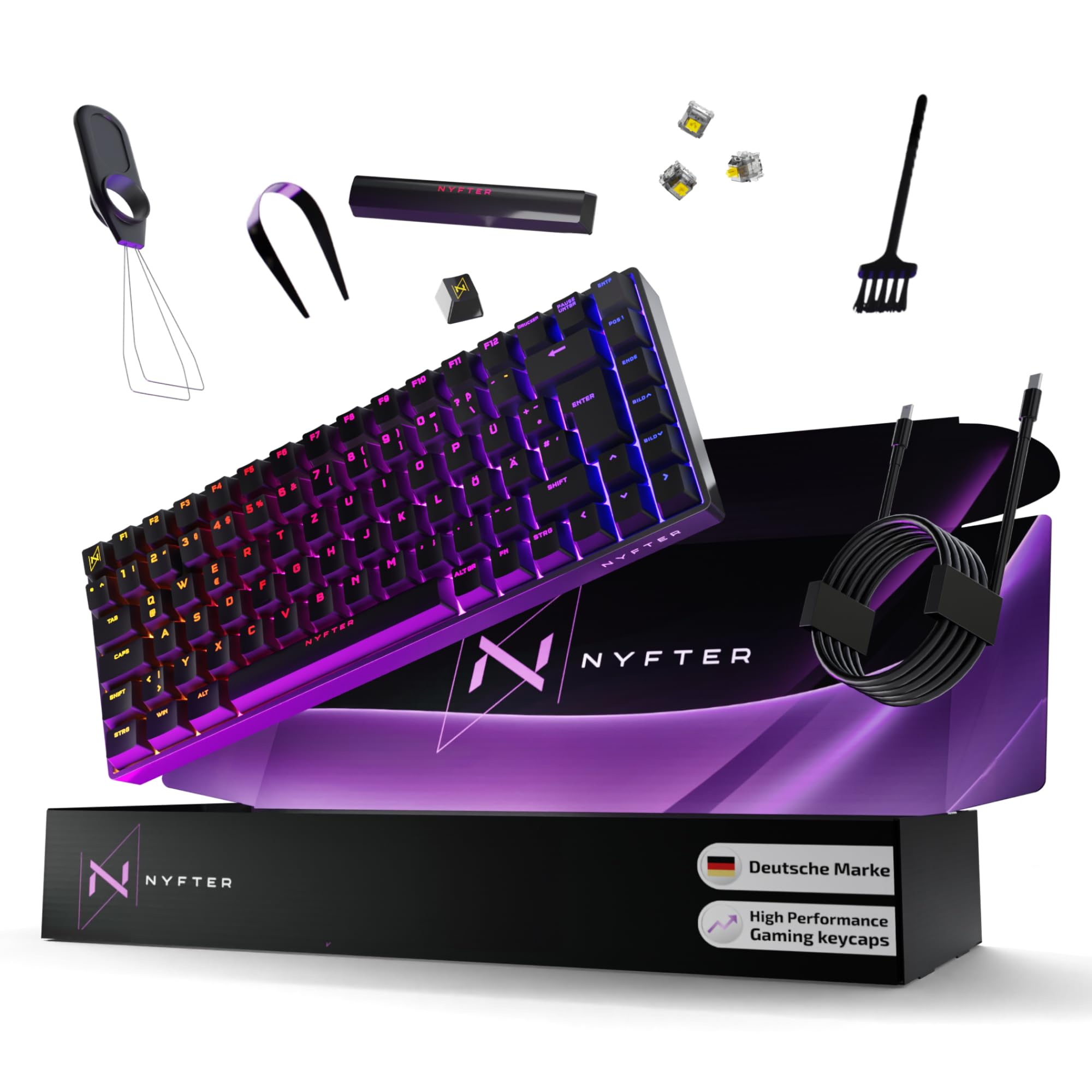 Nyfter - Tastiera da gioco al 75% – Doppia attenuazione, pre-LUBED Gateron Yellow Switches, HOTSWAPPABLE, 100% RGB illuminazione, ISO DE Layout NYFBOARD GEN2 Gaming Tastiera
