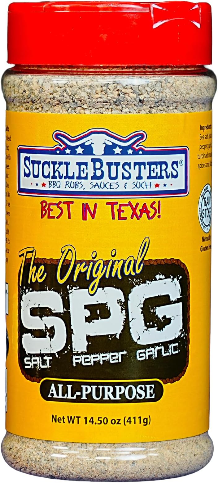 SuckleBusters Salt Pepper Garlic SPG BBQ Rub & Seasoning: Best BBQ Rub for Grilling & Smoking Meat, Poultry, Pork, Fish and Vegetables, Gluten-Free, No MSG Shaker (14.5oz)