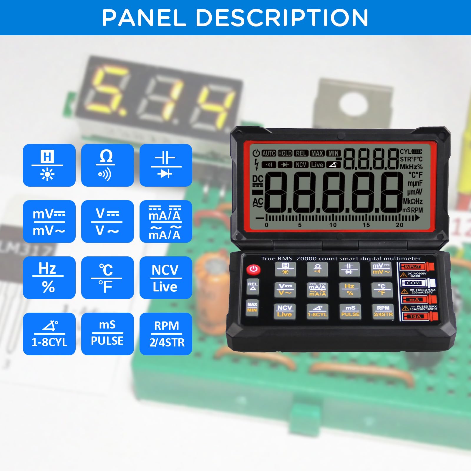 FROGBRO TRMS 20000 Counting Digital Voltmeter with NCV Function, Auto Multimeter Tester, Measurement of Voltage, Current, Resistance, Diode, Temperature, Car Dwell Angle, Engine Speed, Pulse Width
