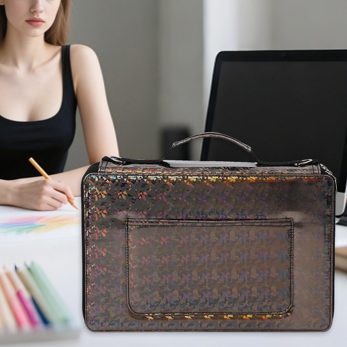 Large Capacity Colored Pencil Case - 600 Individual Slots PU leather with Zipper Closure Portable Organizer for Watercolor Pencils Ideal for Artists（Black）