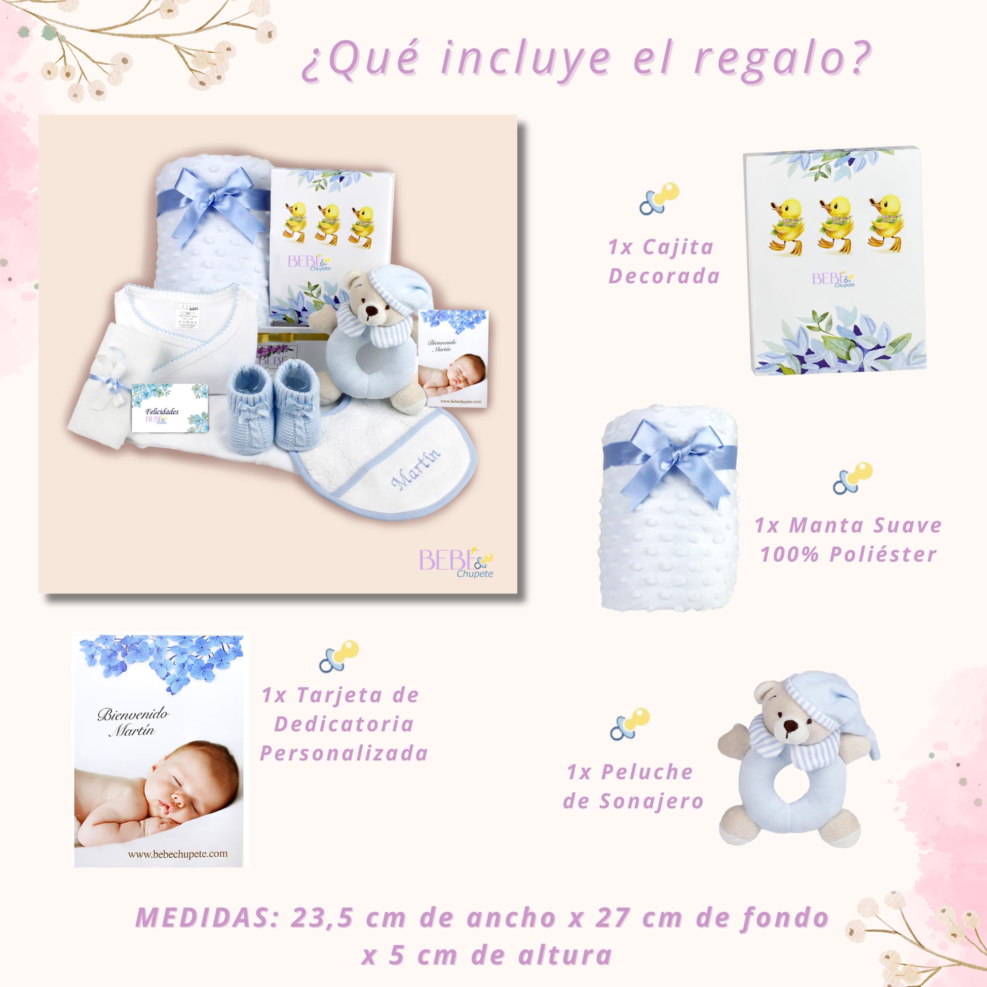 BEBÉCHUPETE Canastilla bebe Personalizada(Talla 0-3 meses)- Cestas bebe - Regalos bebes recien nacidos originales - Regalo bebe recien nacido niña -Recien nacido niño- Cosas para bebes (Azul)
